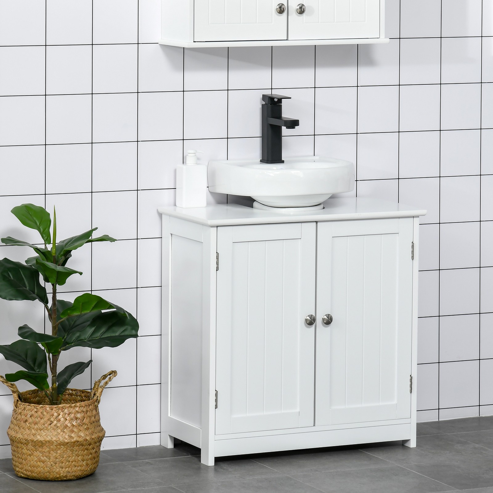Under Sink Storage Cabinet, White & Gray Bathroom Vanity w/ Adjustable Shelf,
