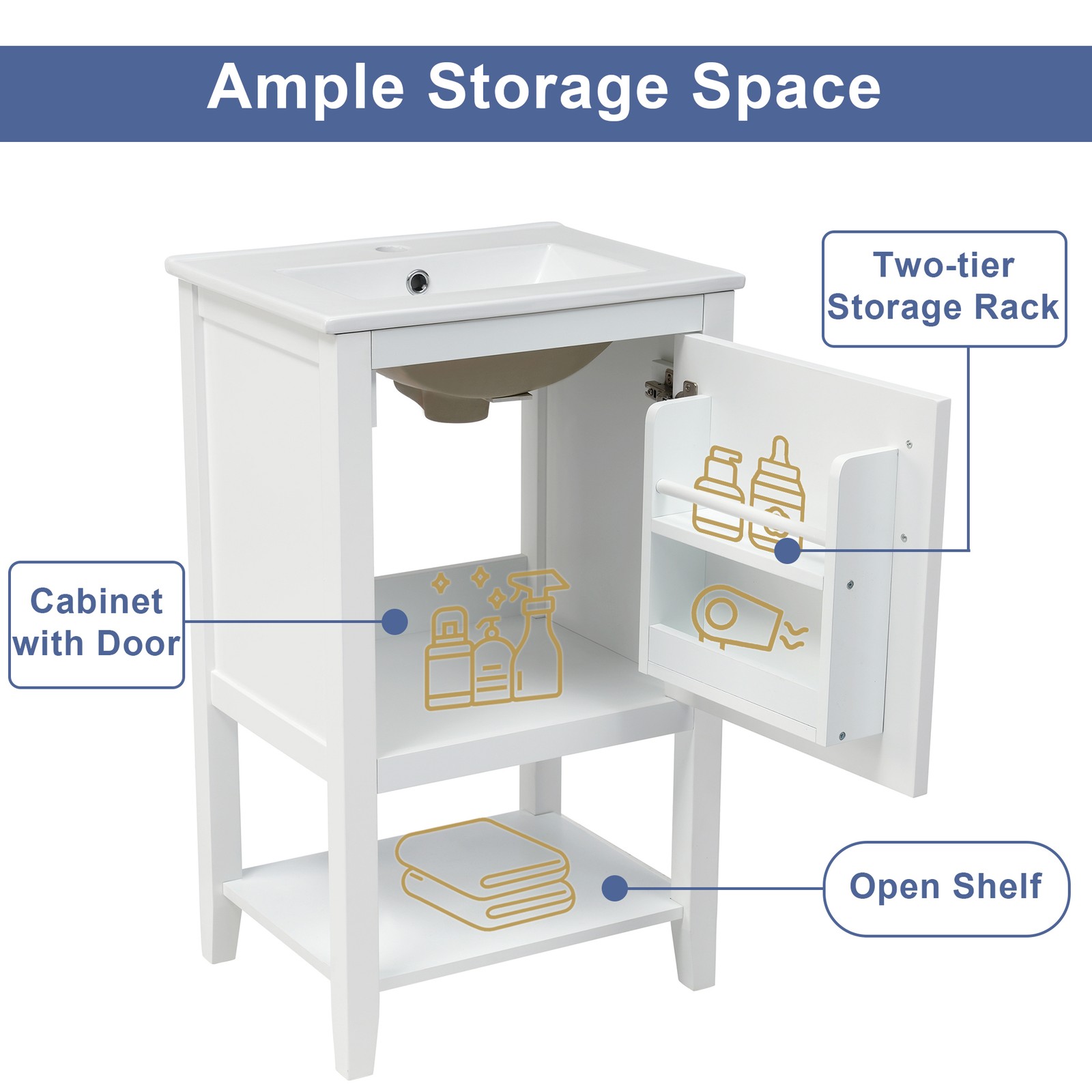 20″ Bathroom Vanity with Sink, Cabinet, Soft Close Door, White