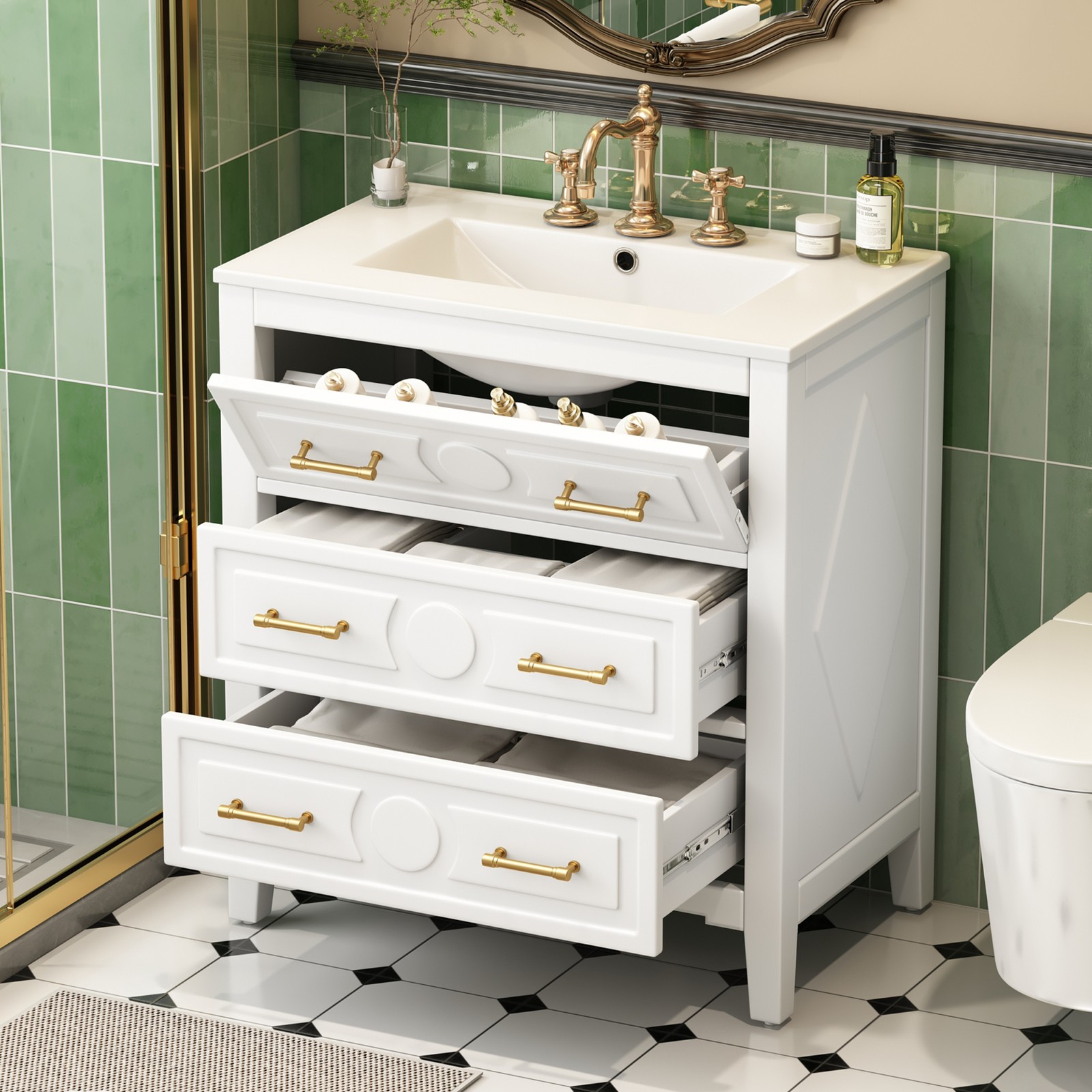 30″ Bathroom Vanity with Ceramic Sink Combo, White, 3 Drawers