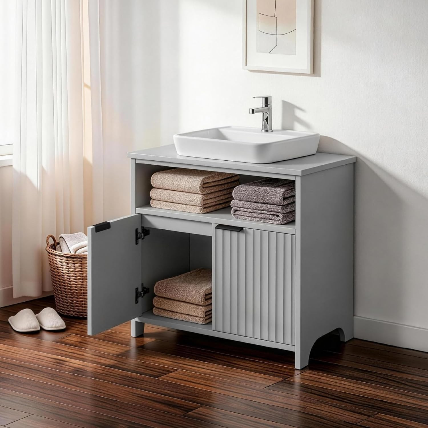 Grey under Sink Bathroom Cabinet, Freestanding Pedestal Sink Storage Vanity Base