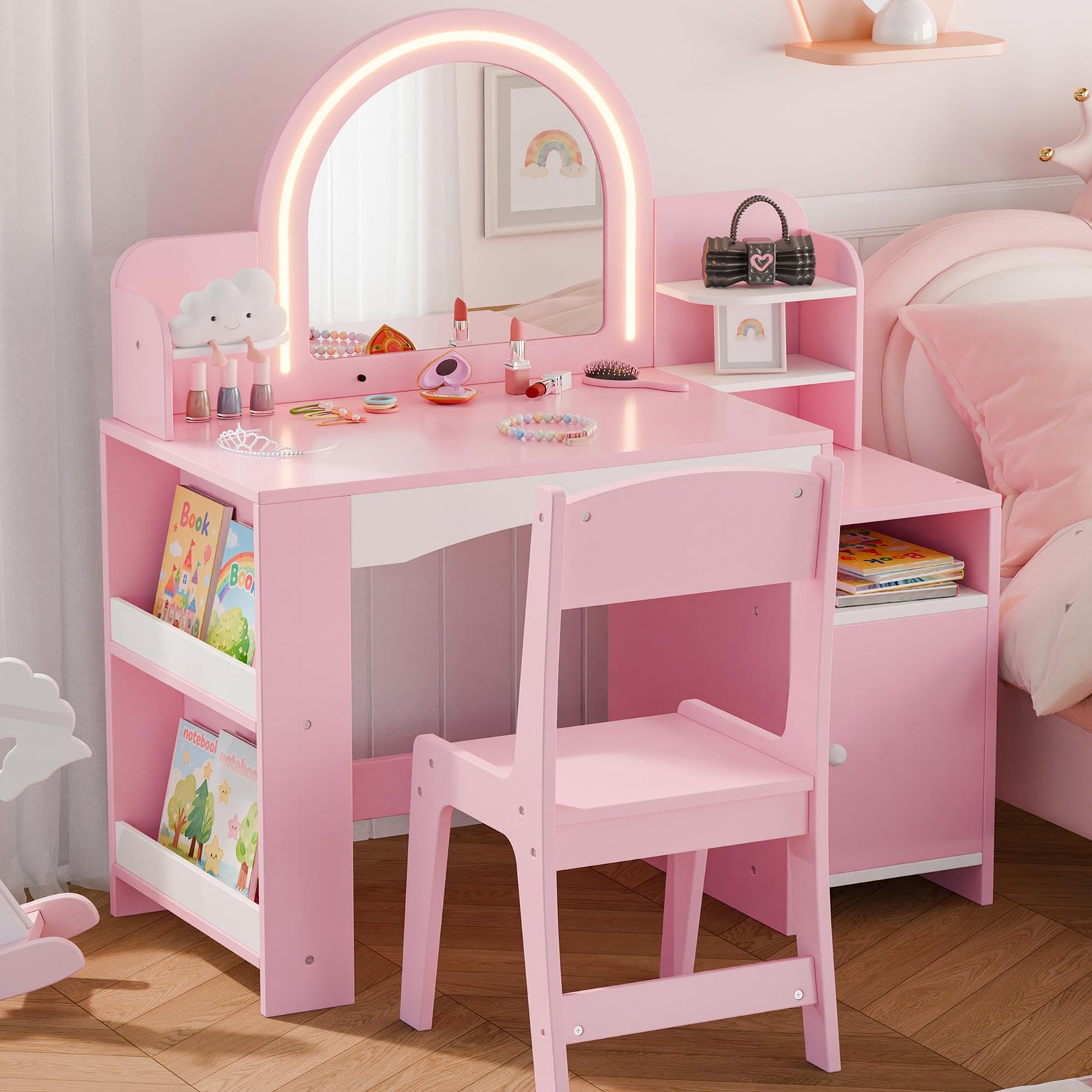 Kids Vanity Lights Princess Makeup Desk 2in1 Table Chair Set Lighted Mirror Pink