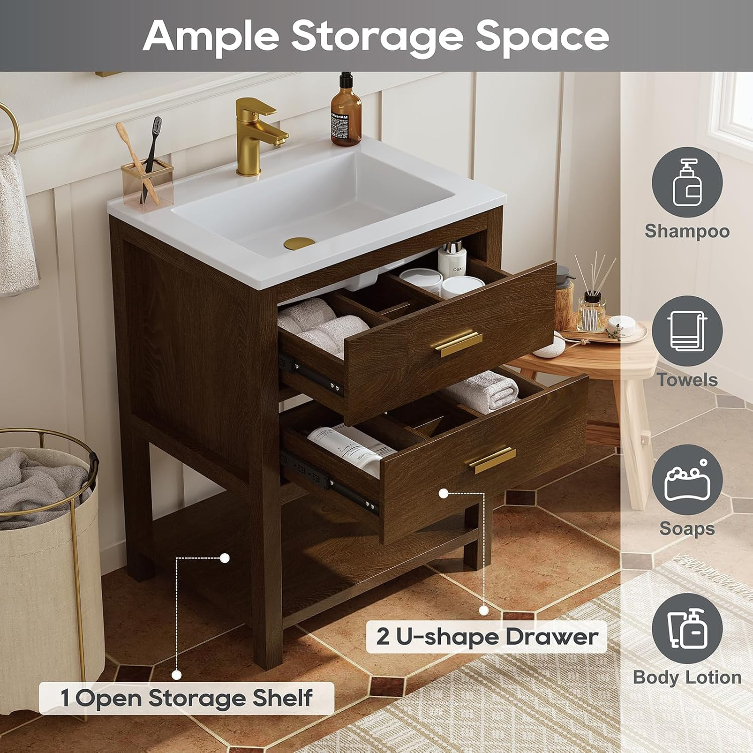 24 Inch Bathroom Vanity with Sink, Farmhouse Storage Cabinet with Drawers & Open