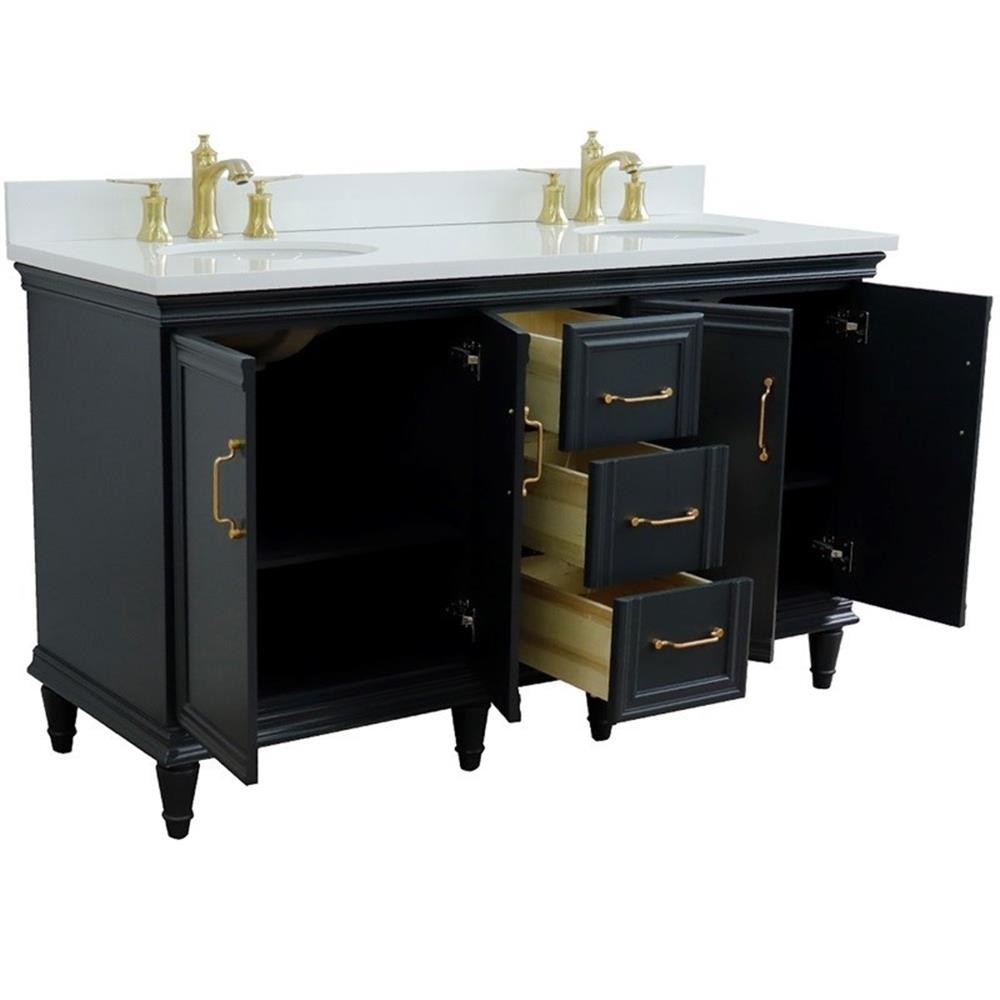 61 in. Double Wooden Vanity Dark Gray White Quartz Oval Sink