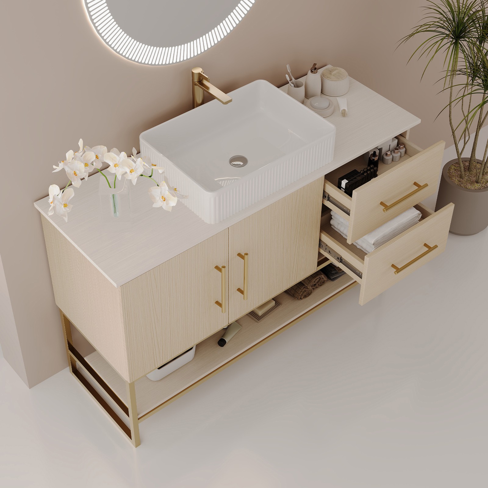 47.2″ Bathroom Vanity with Ceramic Sink, Gold Accent, White Oak