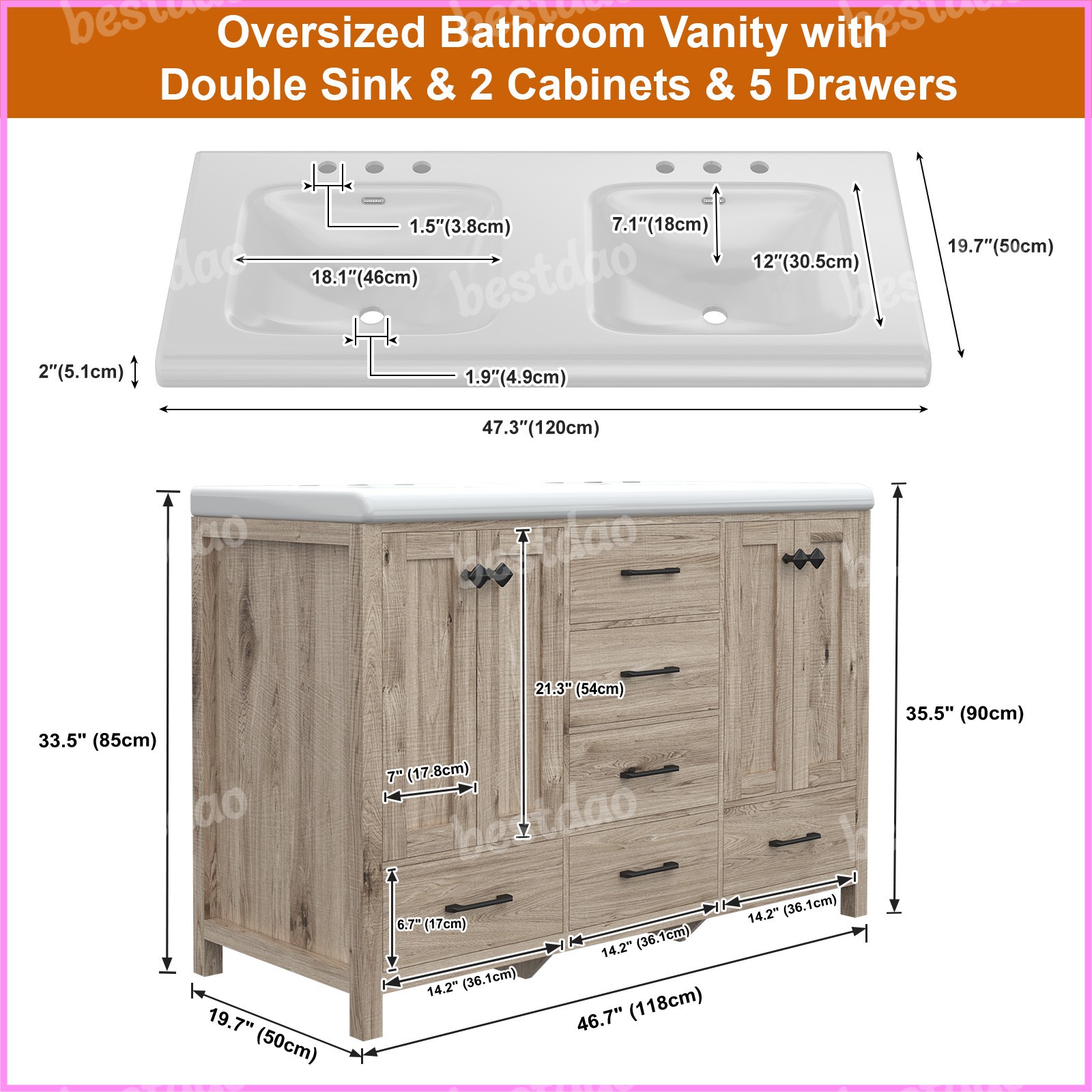 47″ Freestanding Bathroom Cabinet with Double Sink Black Vanity w/ Ceramic Sink