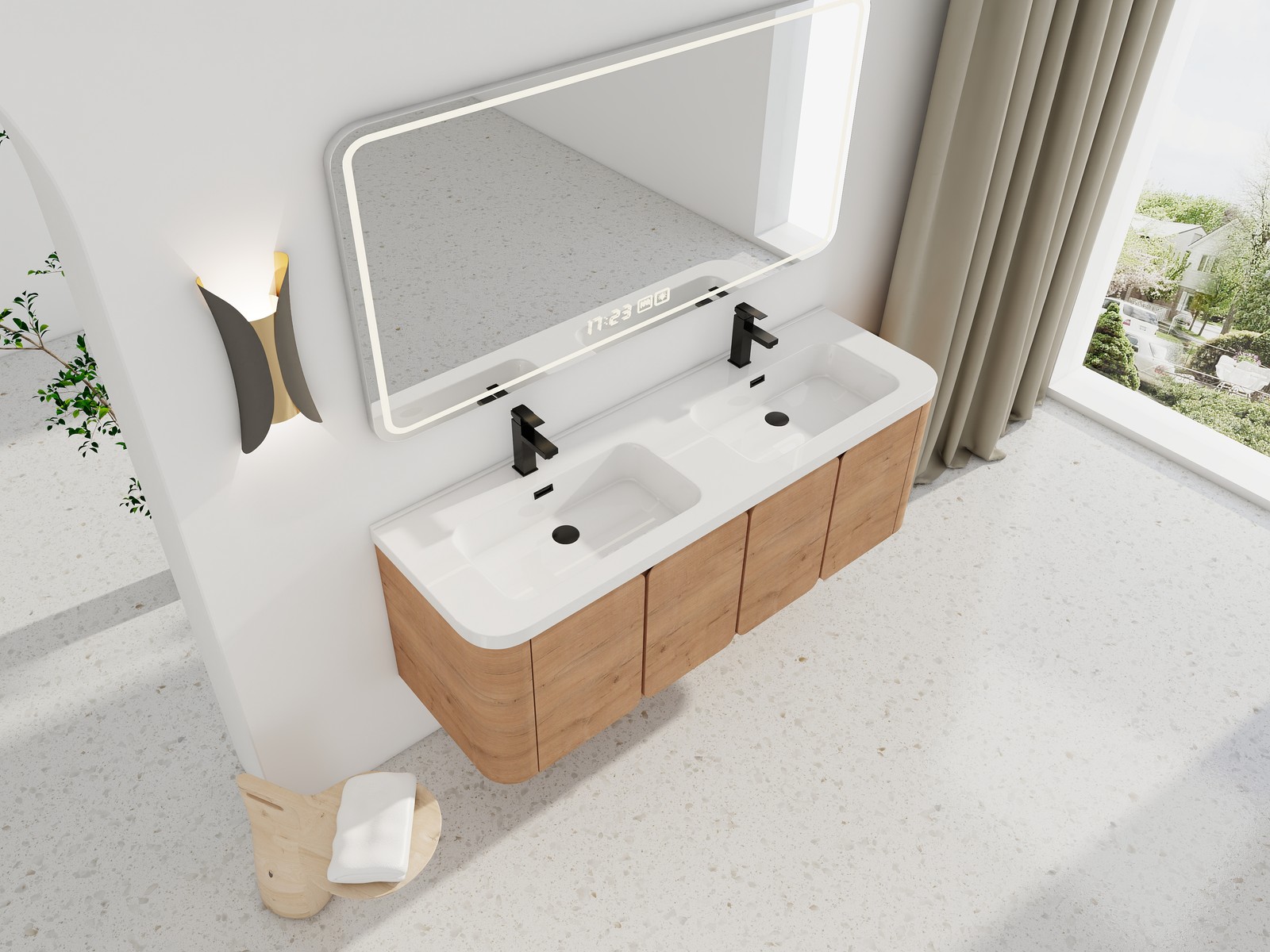 60in Plywood Wall-Mounted Bathroom Vanity with White Double Resin Sink 4 Doors