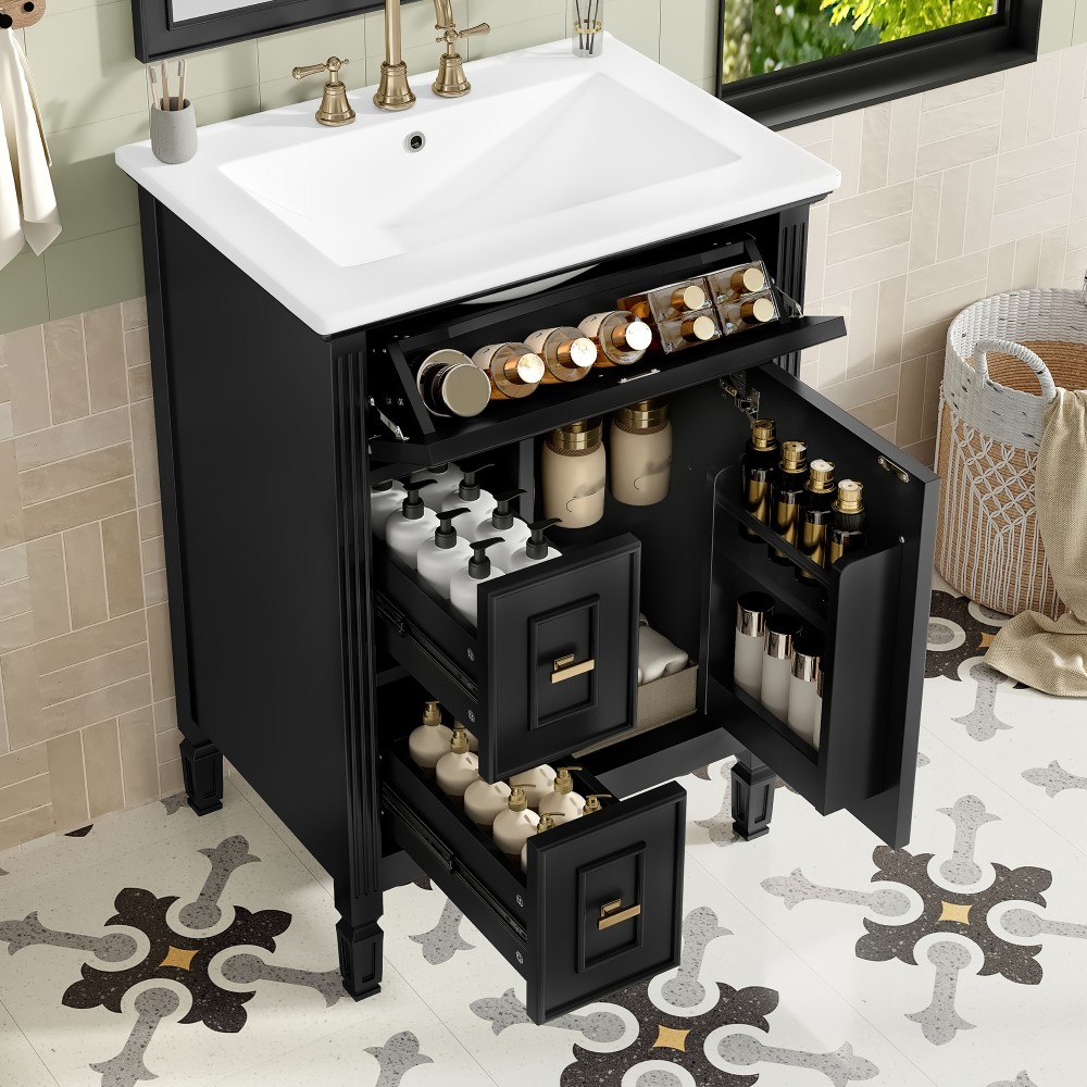 24In Bathroom Vanity with Sink Solid Wood and MDF Cabinet with One Flip Drawer