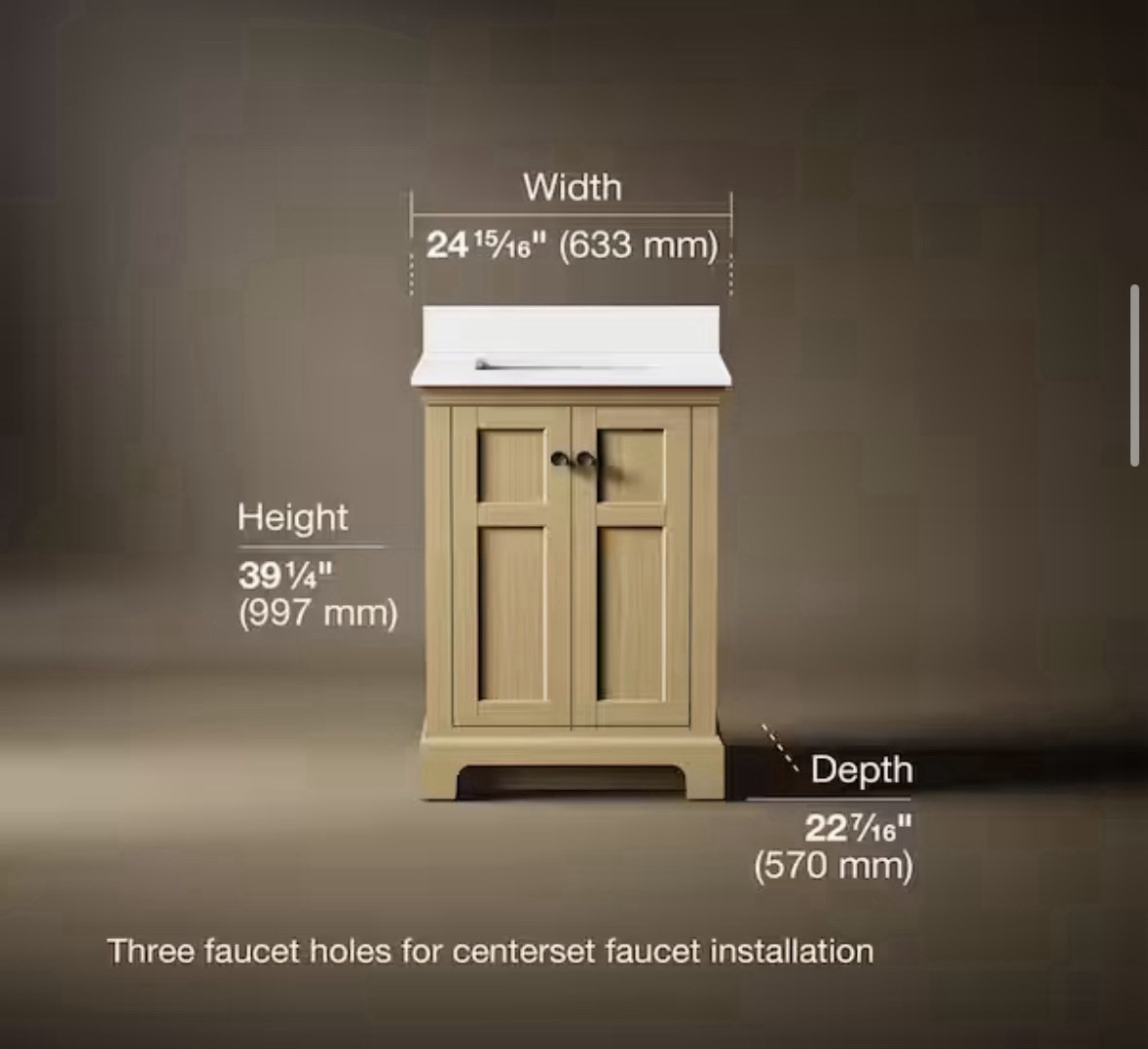 Kohler Beige Freestanding Modern Wood Bathroom Vanity 2 Doors 24x39in