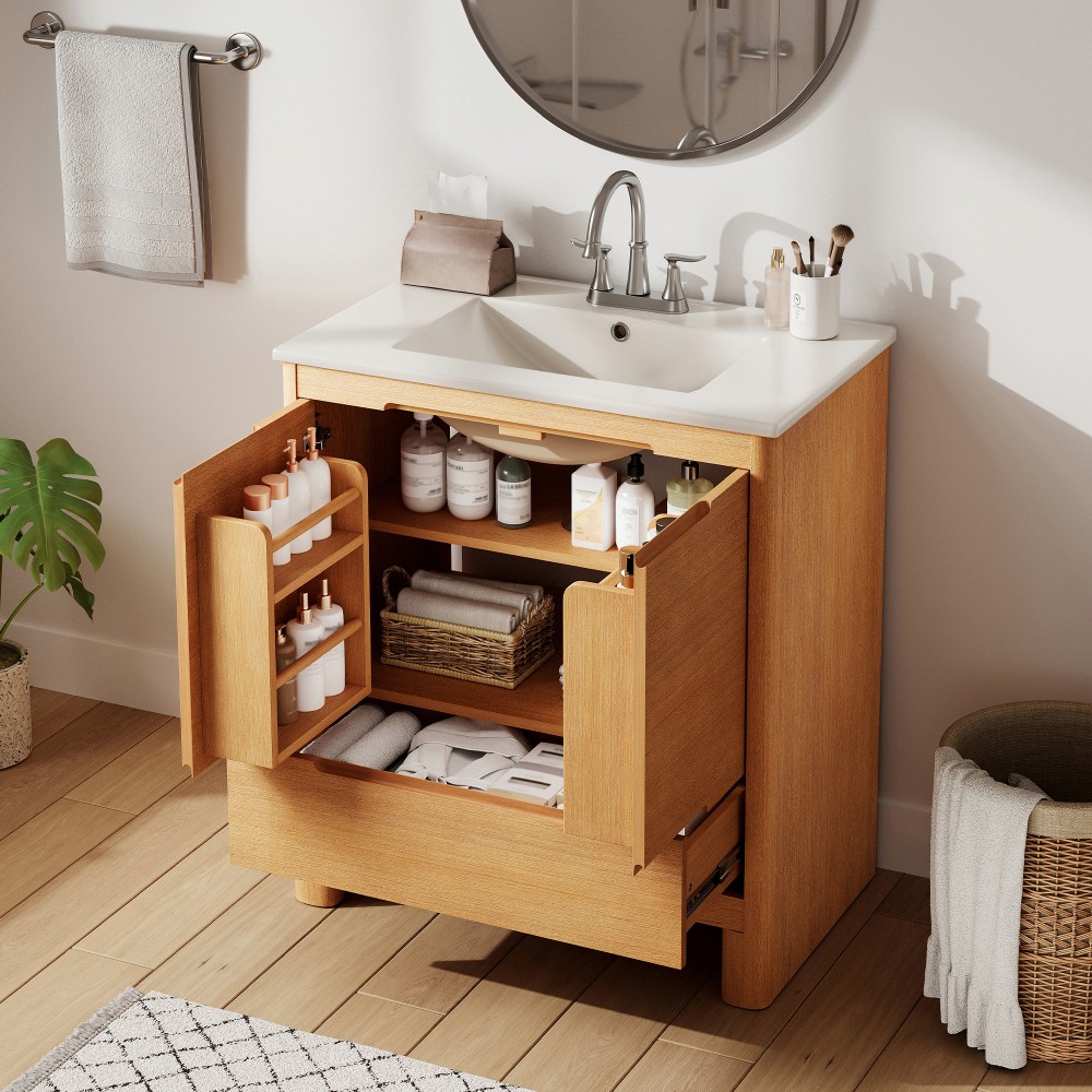 30″ Softened Modern Bathroom Vanity with Ceramic Sink, Natural Wood Grain