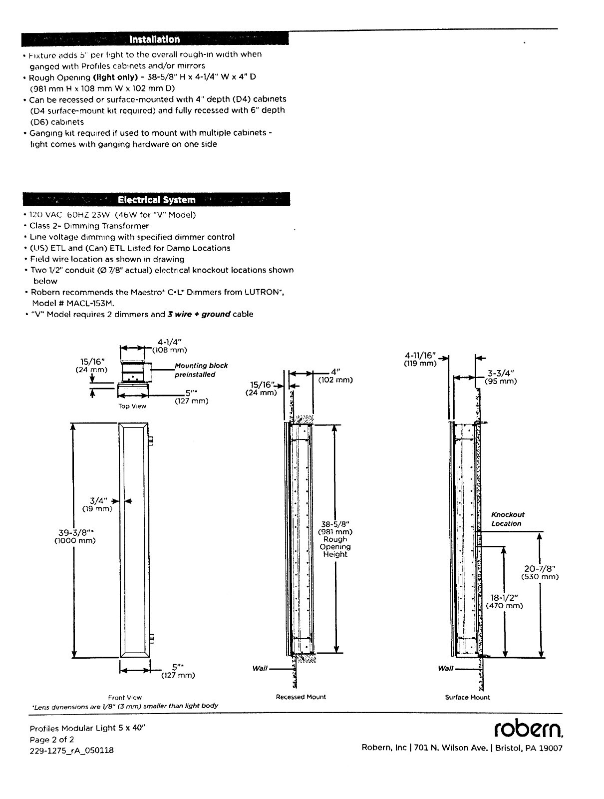 Robern PL5.040TLSC76DV – Profiles Modular Variable Light, 5″ x 40″ – Chrome