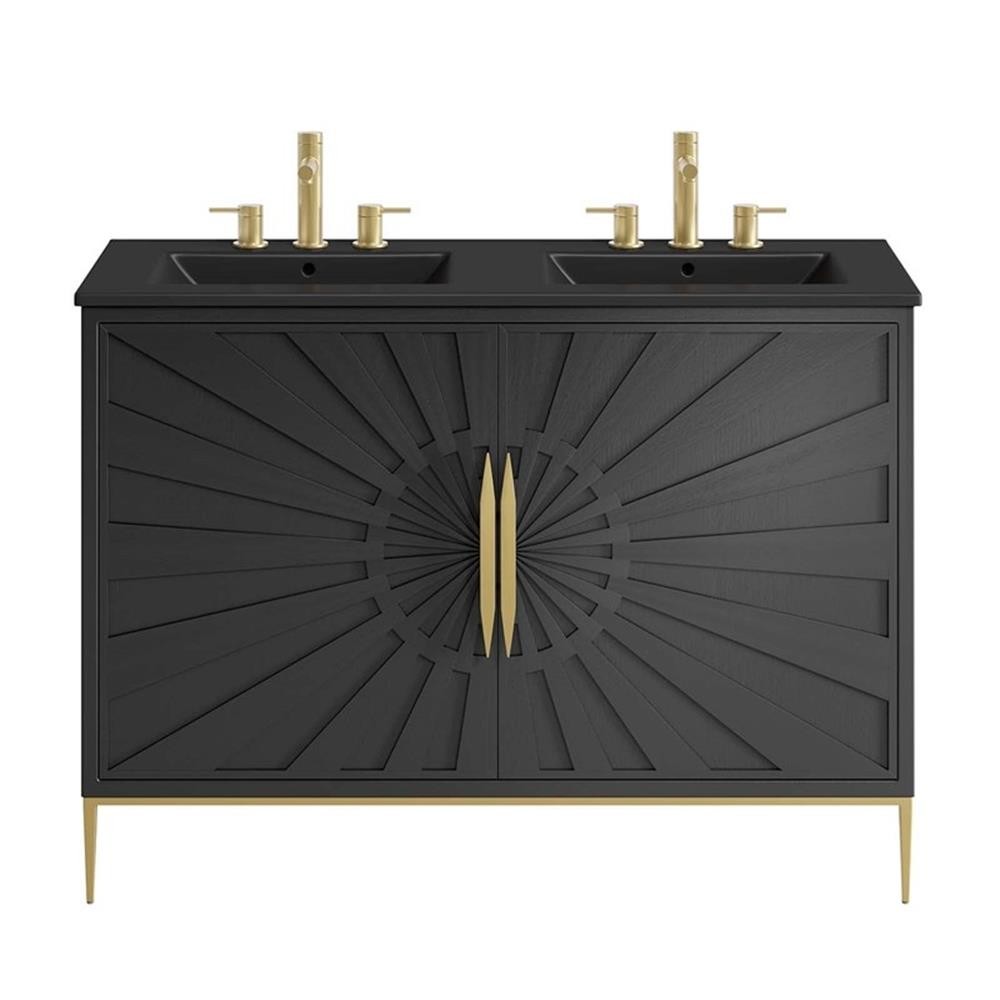 Pemberly Row 48″ Solid Wood and MDF Double Sink Bathroom Vanity in Black
