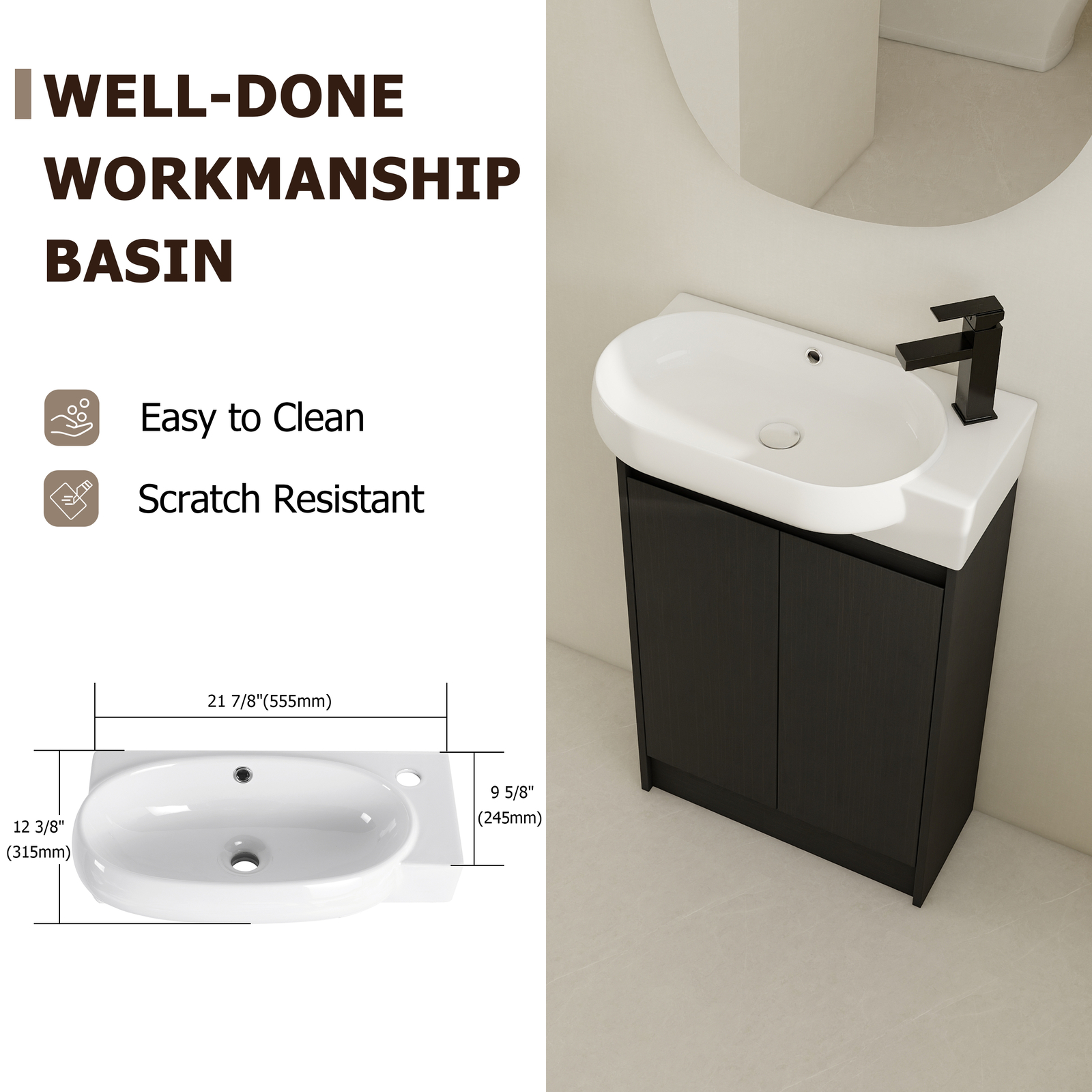 23″ plywood Freestanding Small Bathroom Vanity Cabinet +Ceramic Sink Basin Black
