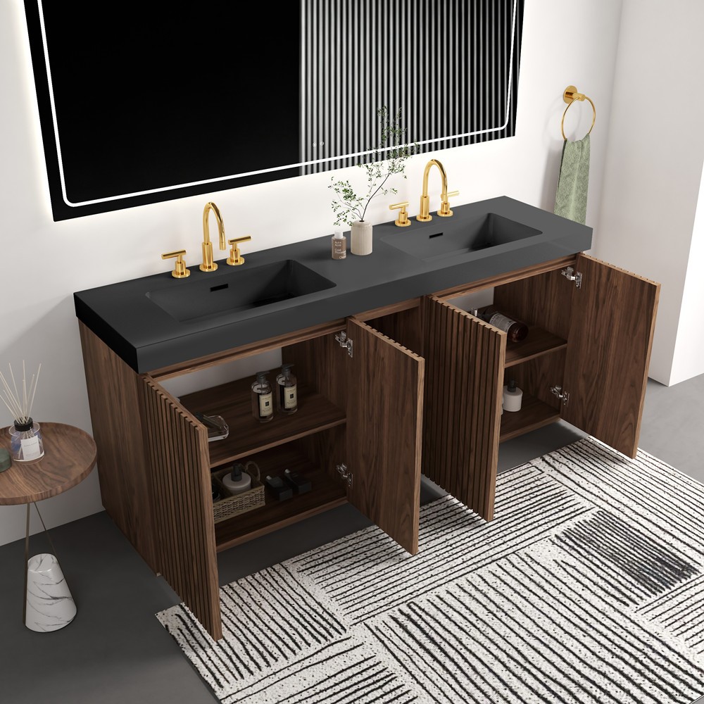 72″ Bathroom Vanity w/Double Sink,Freestanding Vanity 4 Door Cabinet, Shelves