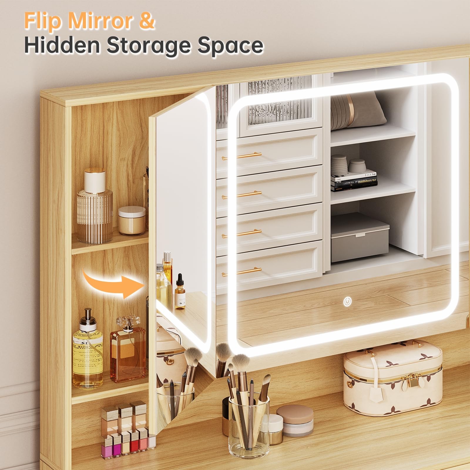 Tri-Fold Mirror Vanity Desk with Lights 7 Drawers Stool Oak Power Outlet