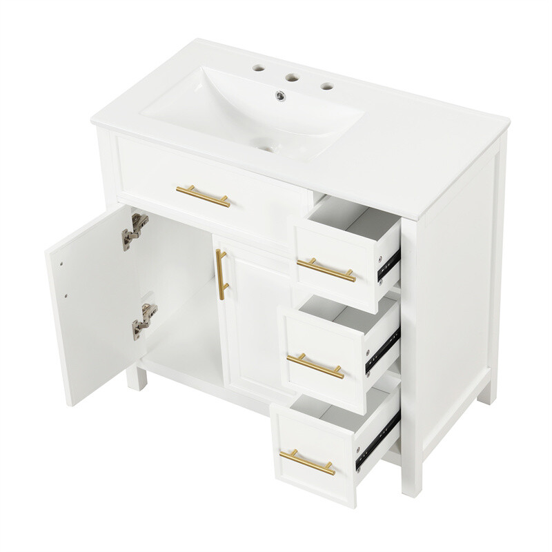 36″ White Bathroom Vanity w/Ceramic Sink Bathroom Cabinet w/2 Doors & 3 Drawers