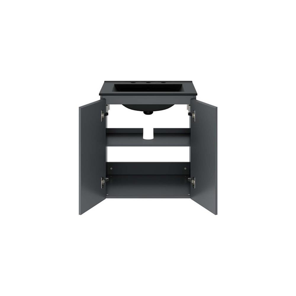 Modway Bryn 24″ Modern Wood/Ceramic Wall-Mount Bathroom Vanity in Gray/Black