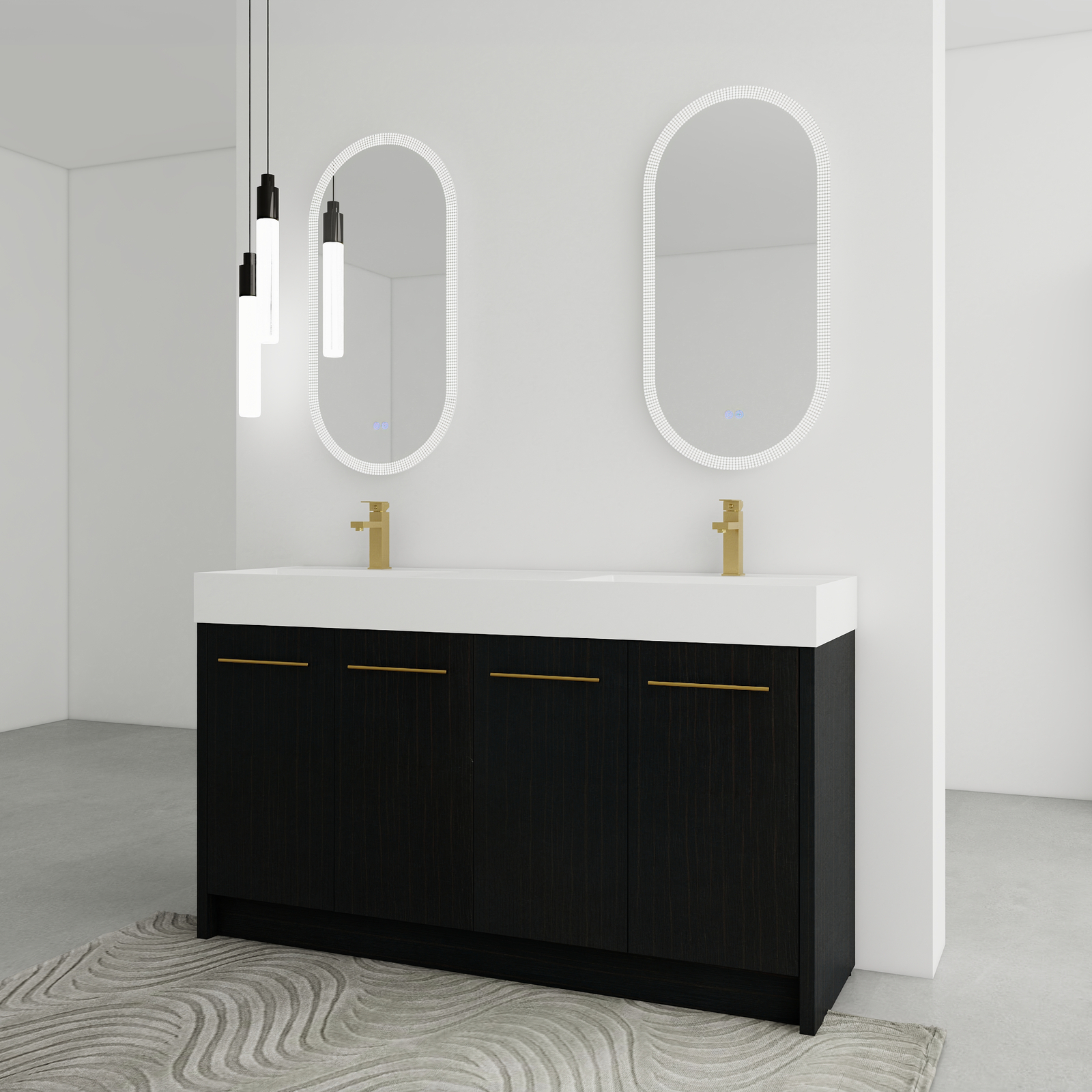 60 in Wood Freestanding Bathroom Vanity W/ Resin Double Sink Door Cabinet Black
