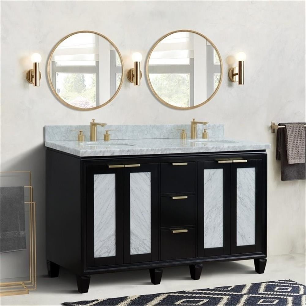 Pemberly Row 61″ Double Oval Sink Solid Wood Vanity in Blue/White Carrara