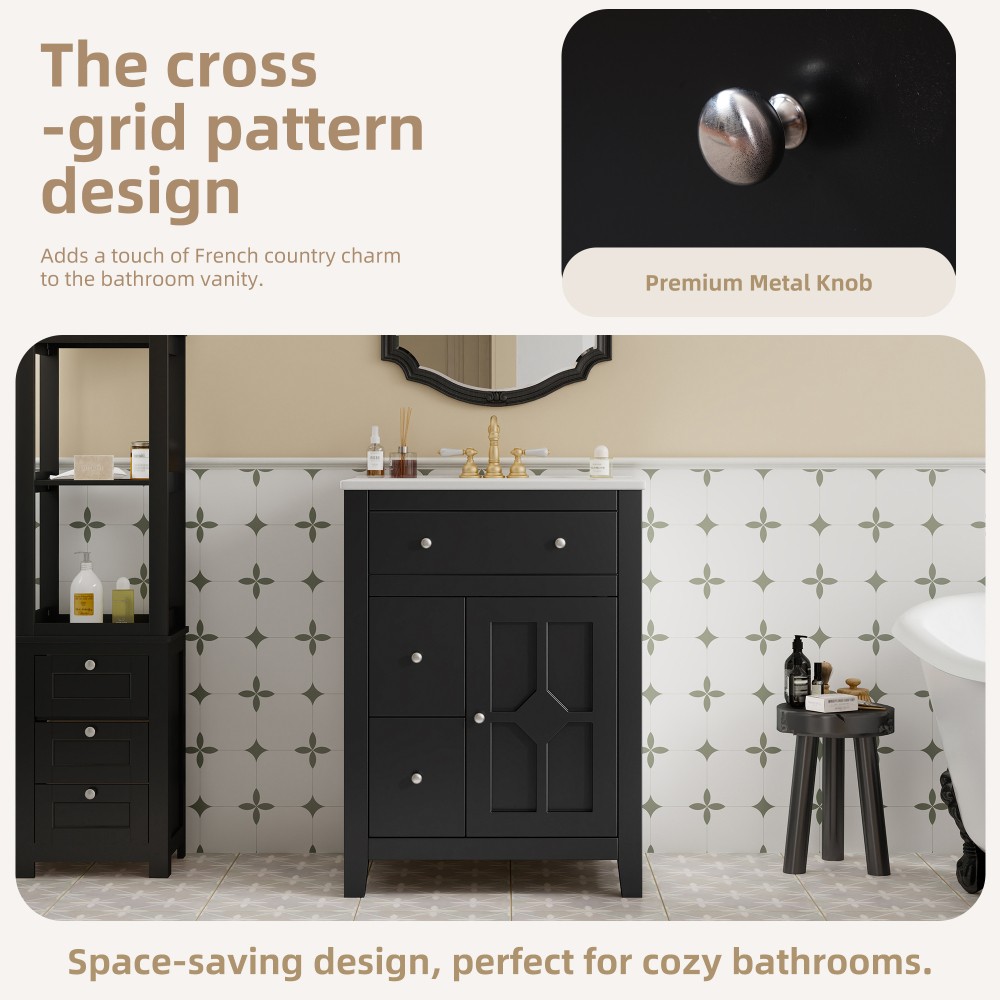 Bathroom Vanity with Ceramic Basin Features Two Drawers and Soft-Close Doors