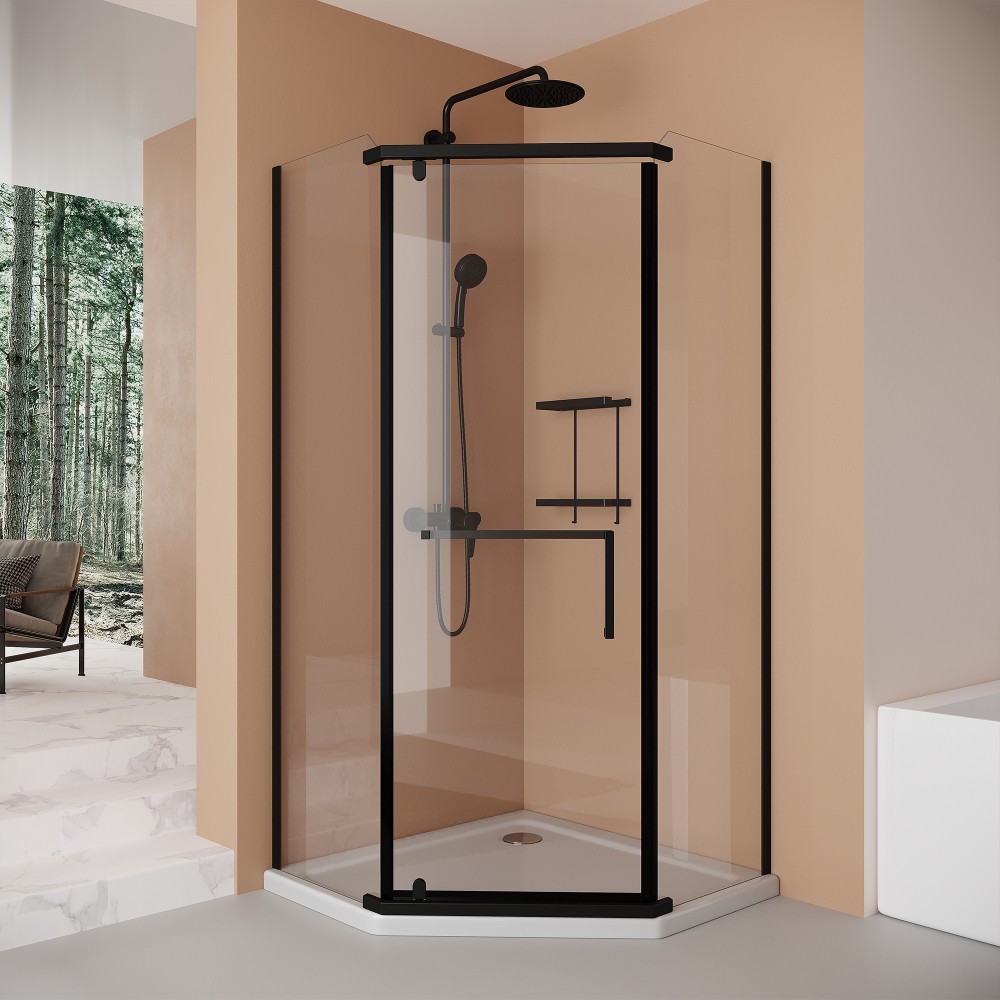 Neo Angle Shower Door Frameless Pivot 6mm Tempered Glass Matte Black