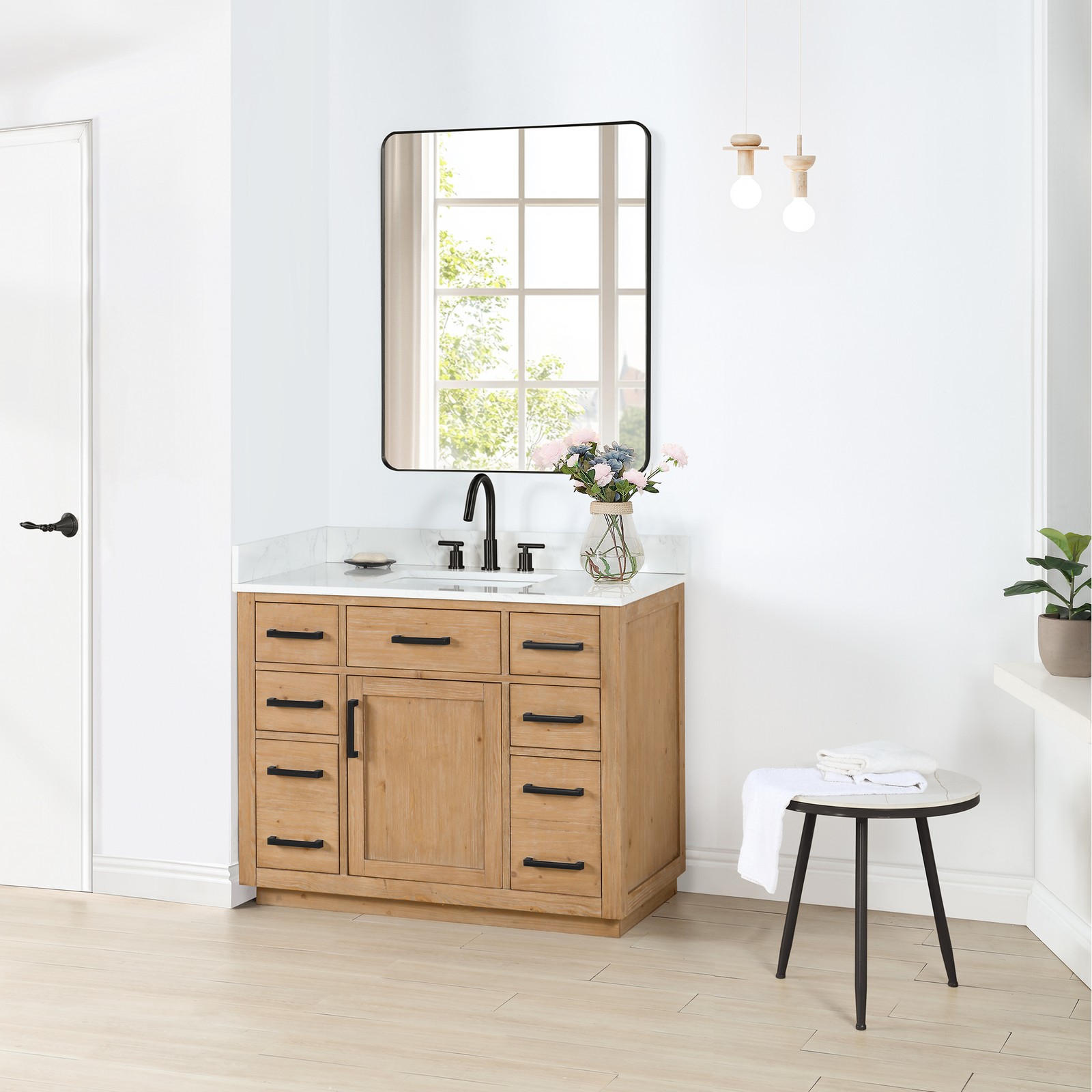 Gavino 42″ Wood Vanity in Light Brown with Composite Stone Top with Mirror