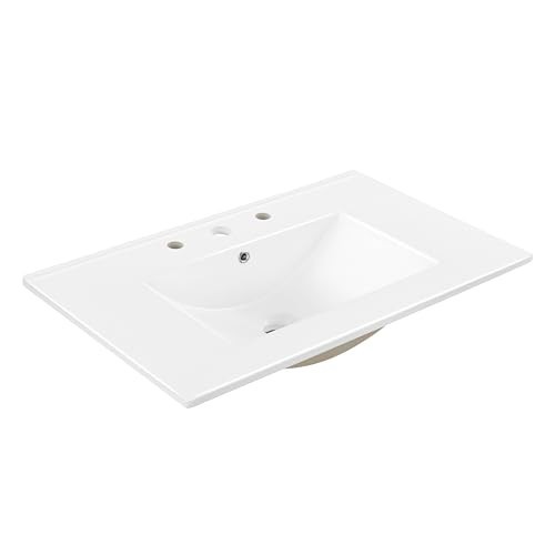 Classic Contemporary 30″ Rectangular Ceramic Vanity Top – 3-Hole Sink Basin, Whi