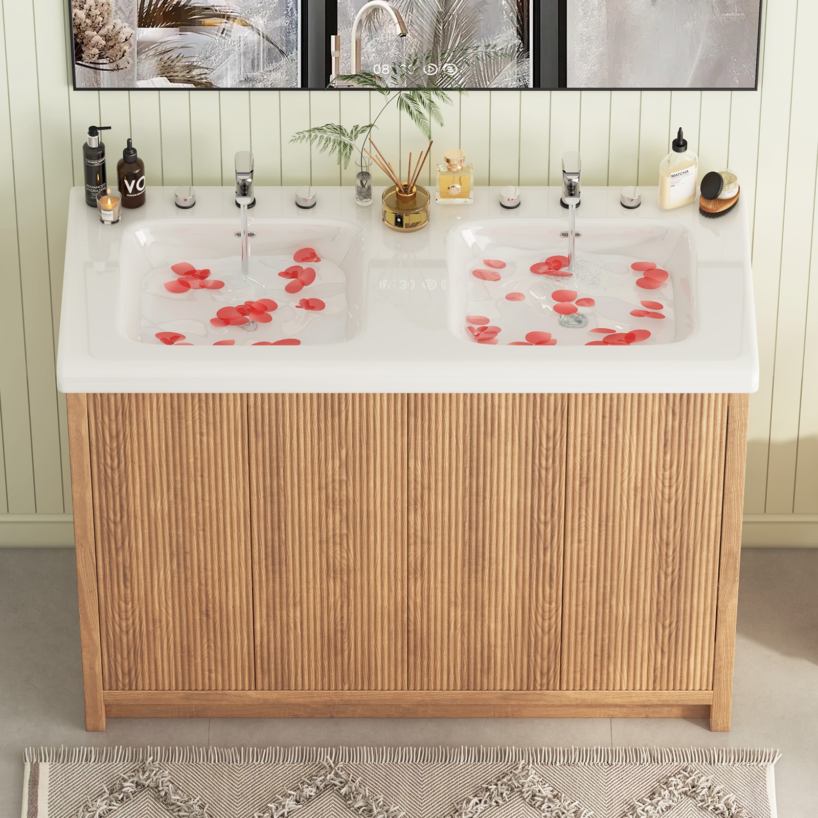 47.3″ Double Sink Bathroom Vanity Wood Grain Modern 2 Basin Storage Cabinet