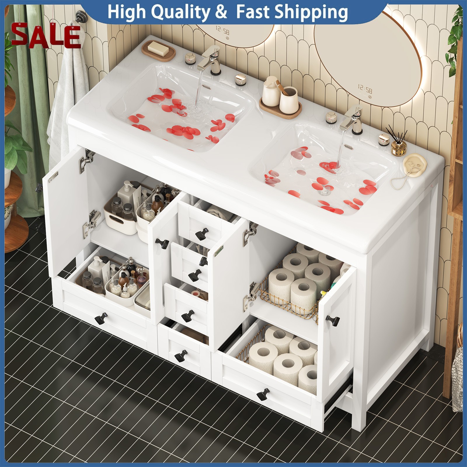 Modern 47-inch Double-Sink Freestanding Vanity with 6 Drawers and Cabinet White