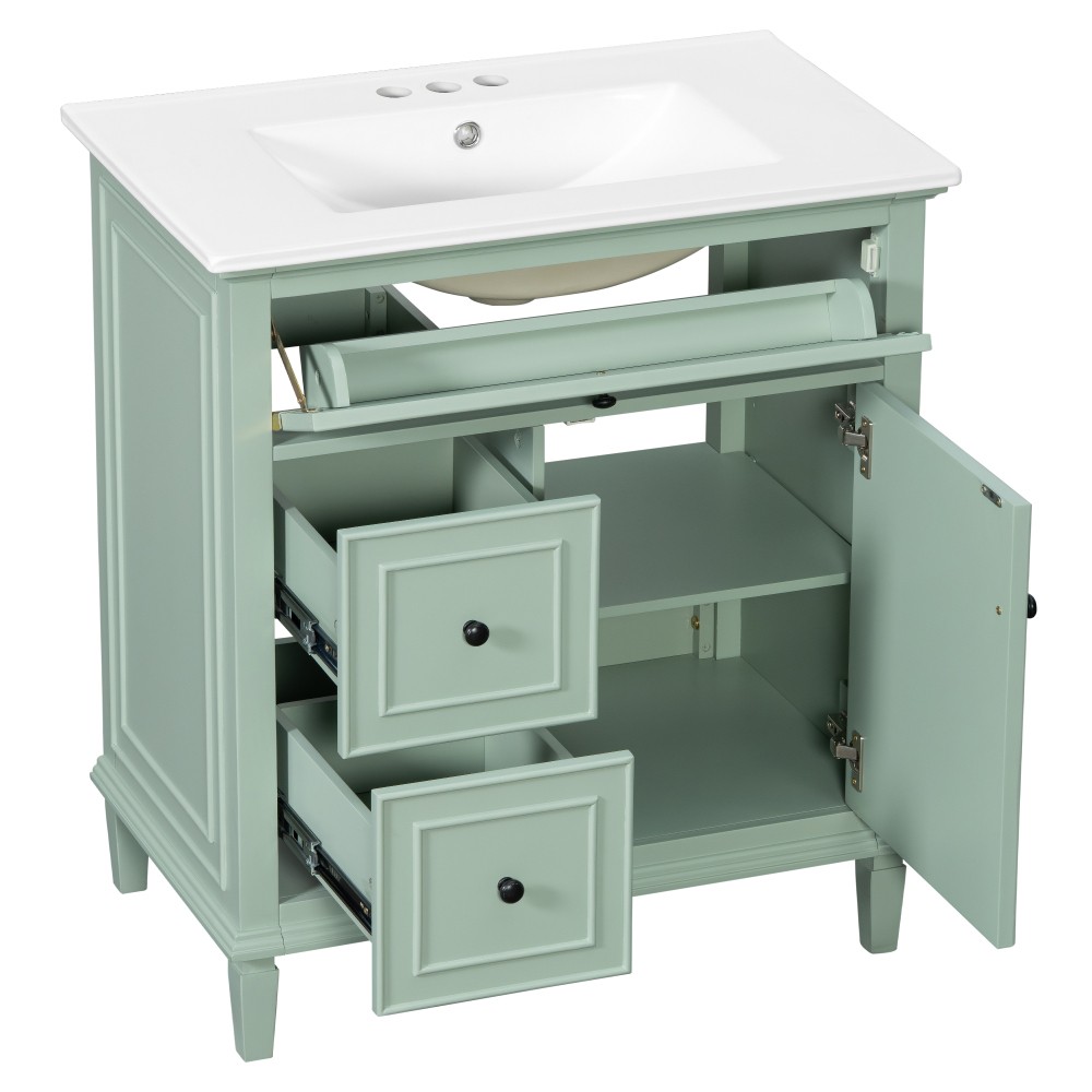 30″ Green Bathroom Vanity with Ceramic Sink Solid Wood MDF Cabinet