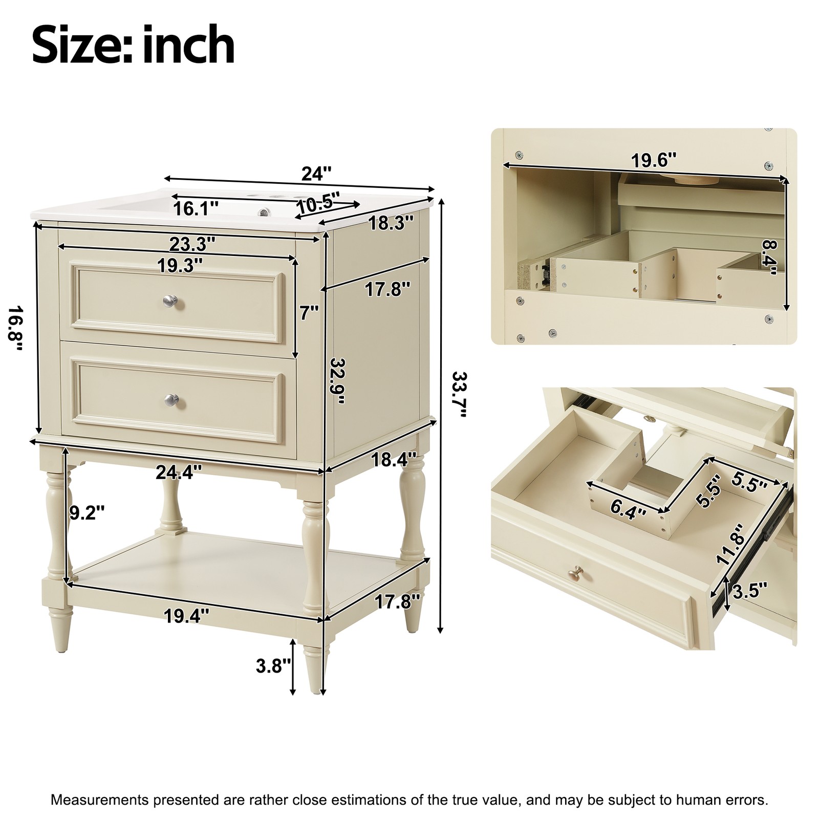 FUNIDEE 24″ Bathroom Vanity with Ceramic Sink Storage Cabinet w/ 2 Drawers Beige