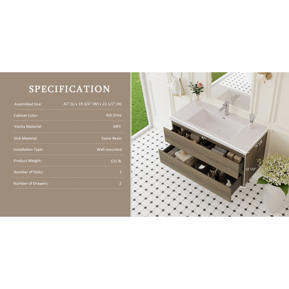 42″ Wall-Mounted Floating Bathroom Vanity with Sink & Soft Close Drawers – Grey
