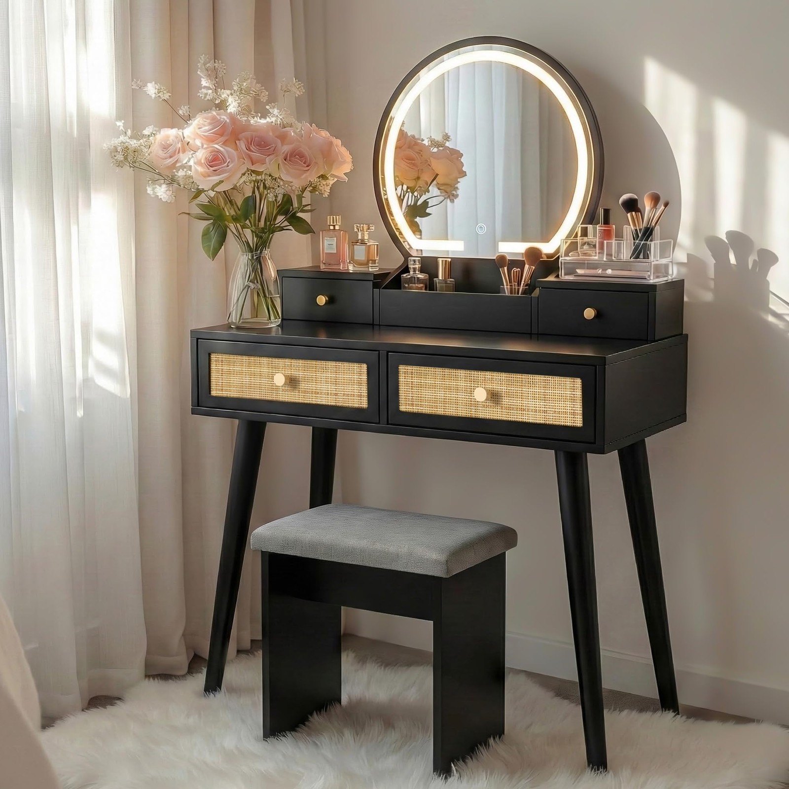 Rattan Vanity Desk with Stool 31″ Space Saving Makeup Table with LED