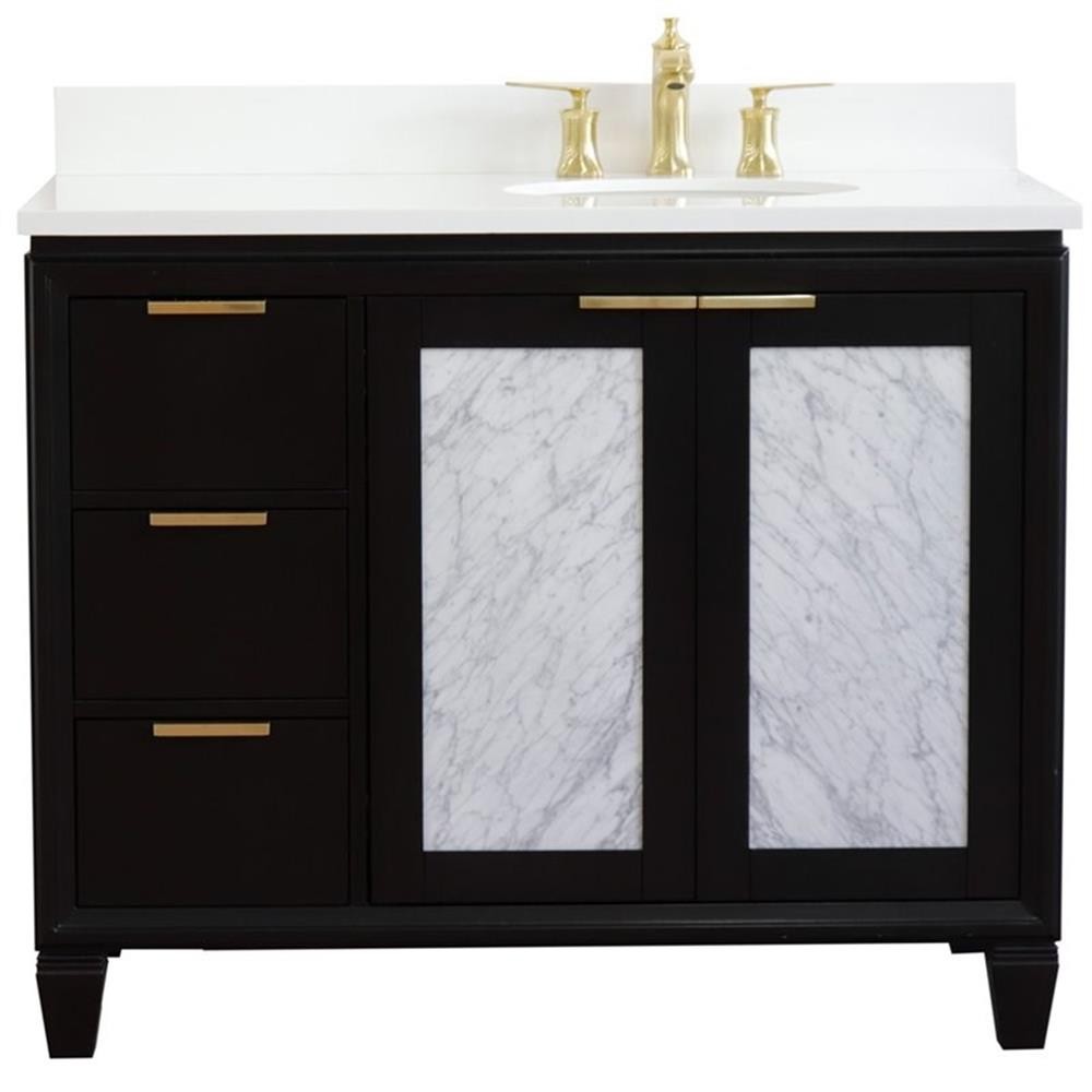 Pemberly Row 43″ Solid Wood Vanity w/ Right Oval Sink in Blue/White Quartz Stone