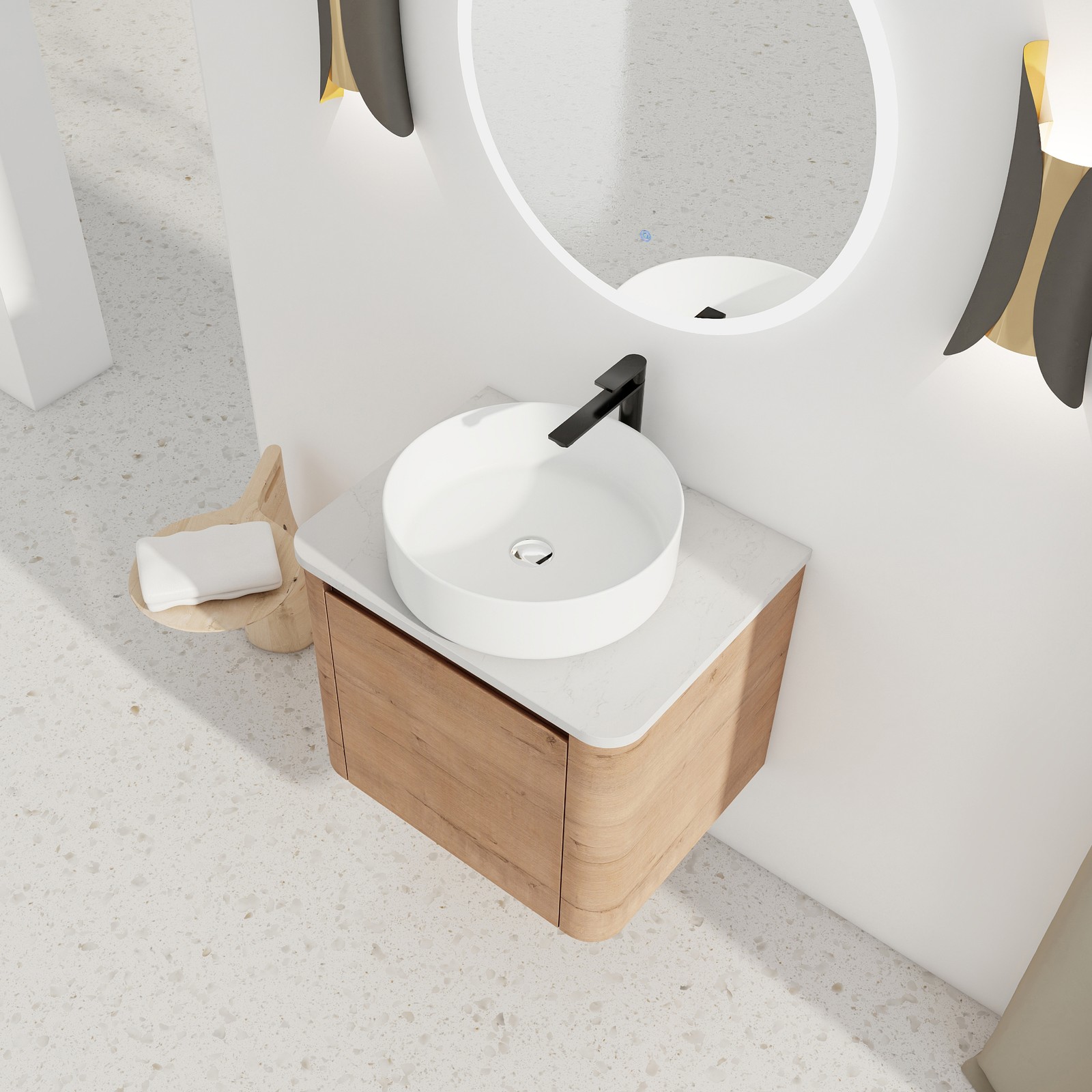 24 In Bathroom Vanity With White Flat Stone Slab Top White Ceramic Vessel Sink