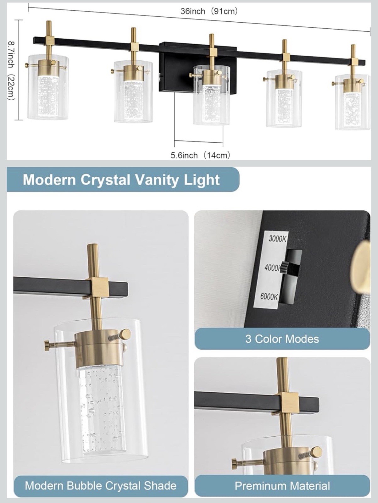 Bathroom Light Fixtures Black and Gold, 5 Light Bathroom Vanity Light, Modern