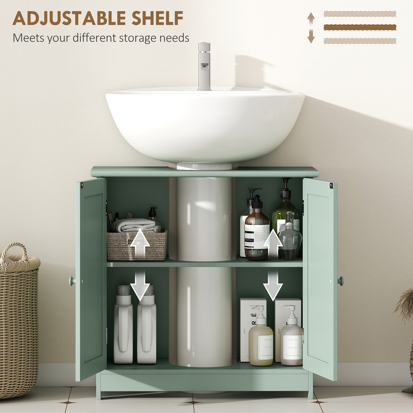 Under Sink Bathroom Cabinet with 2 Doors and Shelf, Dark Green