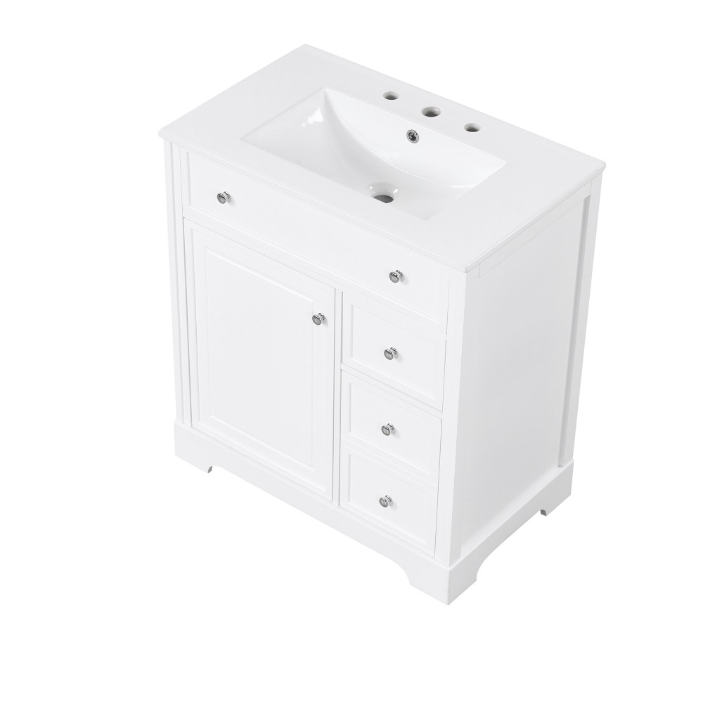 30 Inch White Bathroom Vanity with Ceramic Sink Top Solid Wood MDF Cabinet