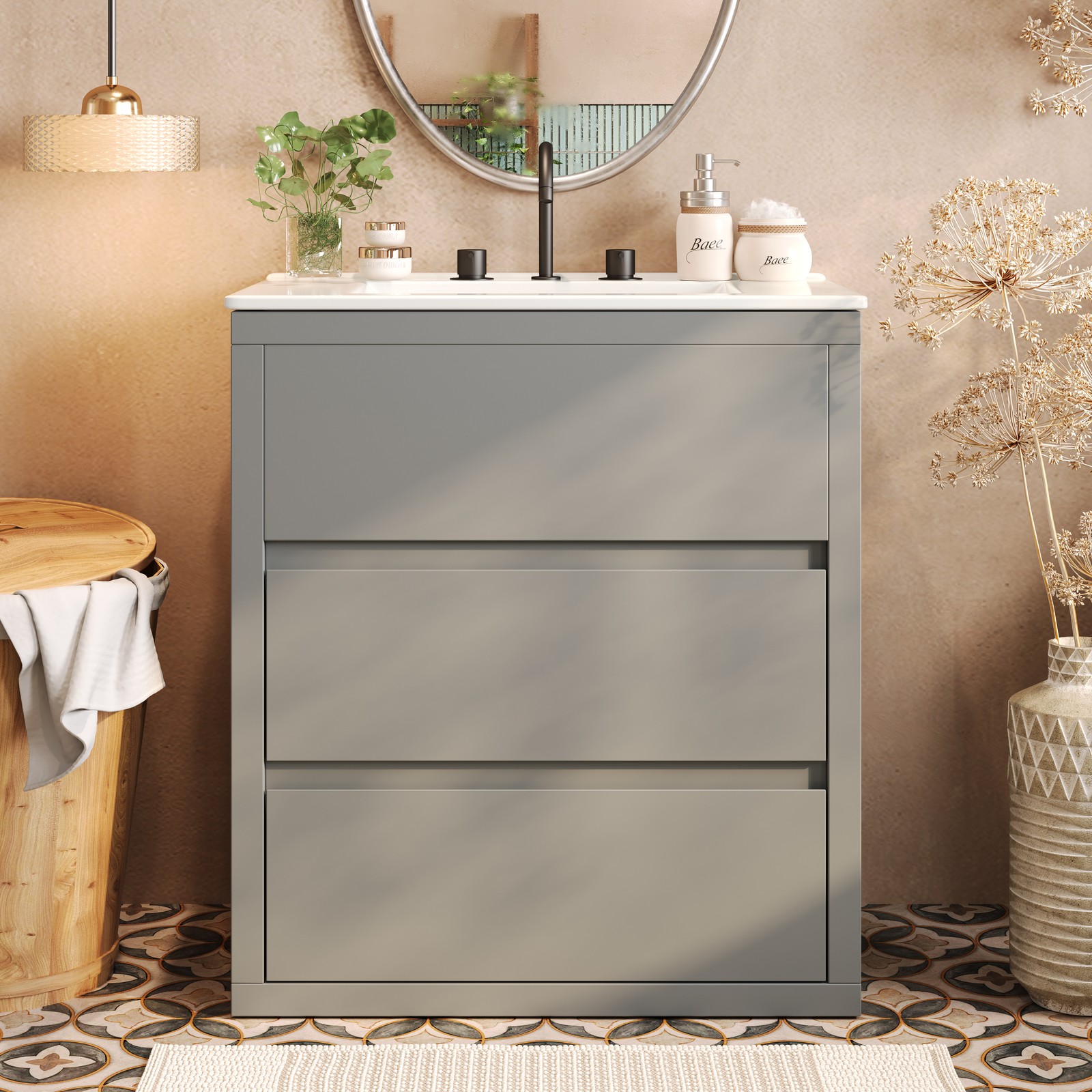 30″ Bathroom Vanity with Ceramic Sink & 2 Drawers, Gray