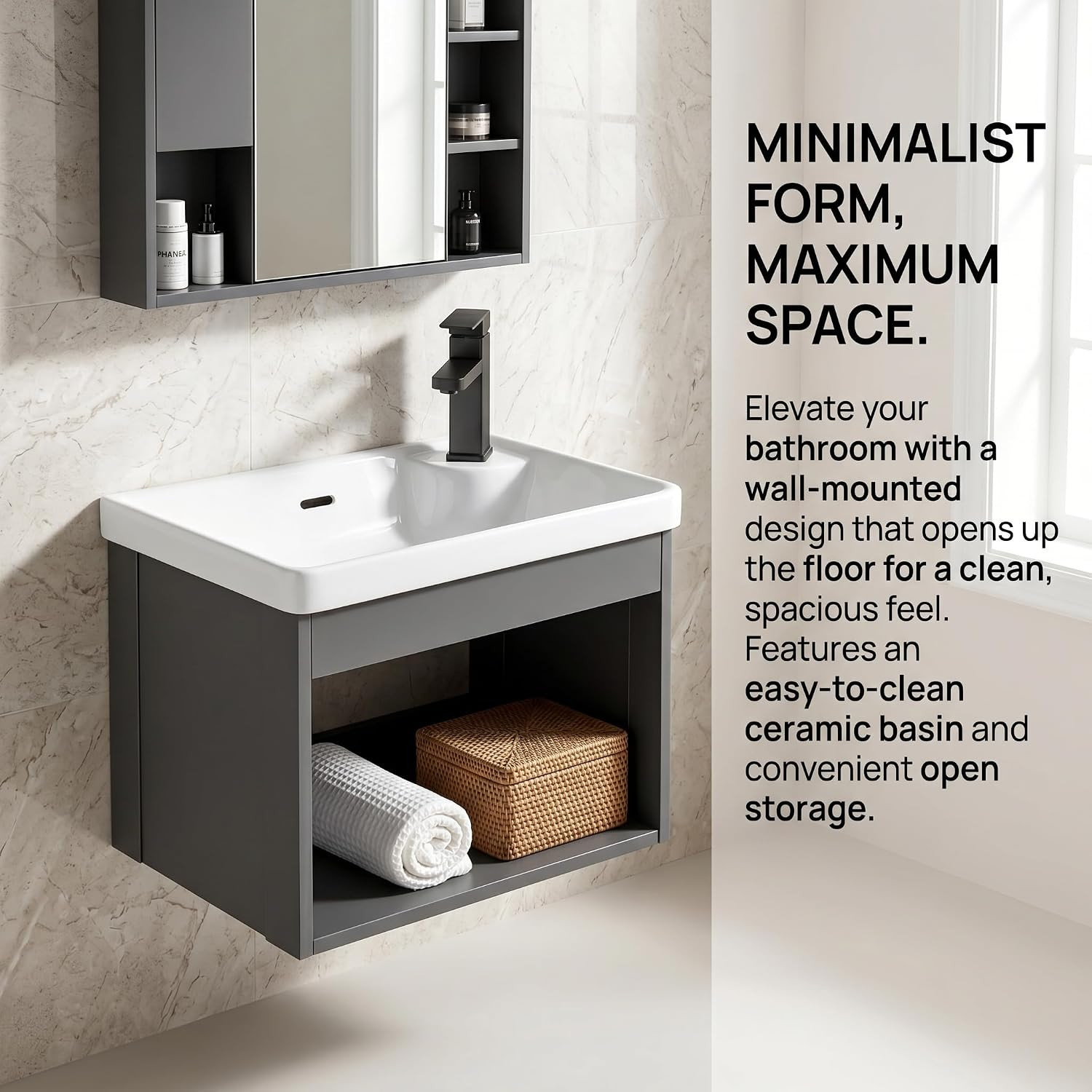 18-Inch Wall-Mounted Floating Gray Open Bathroom Vanity with Ceramic Basin Compa