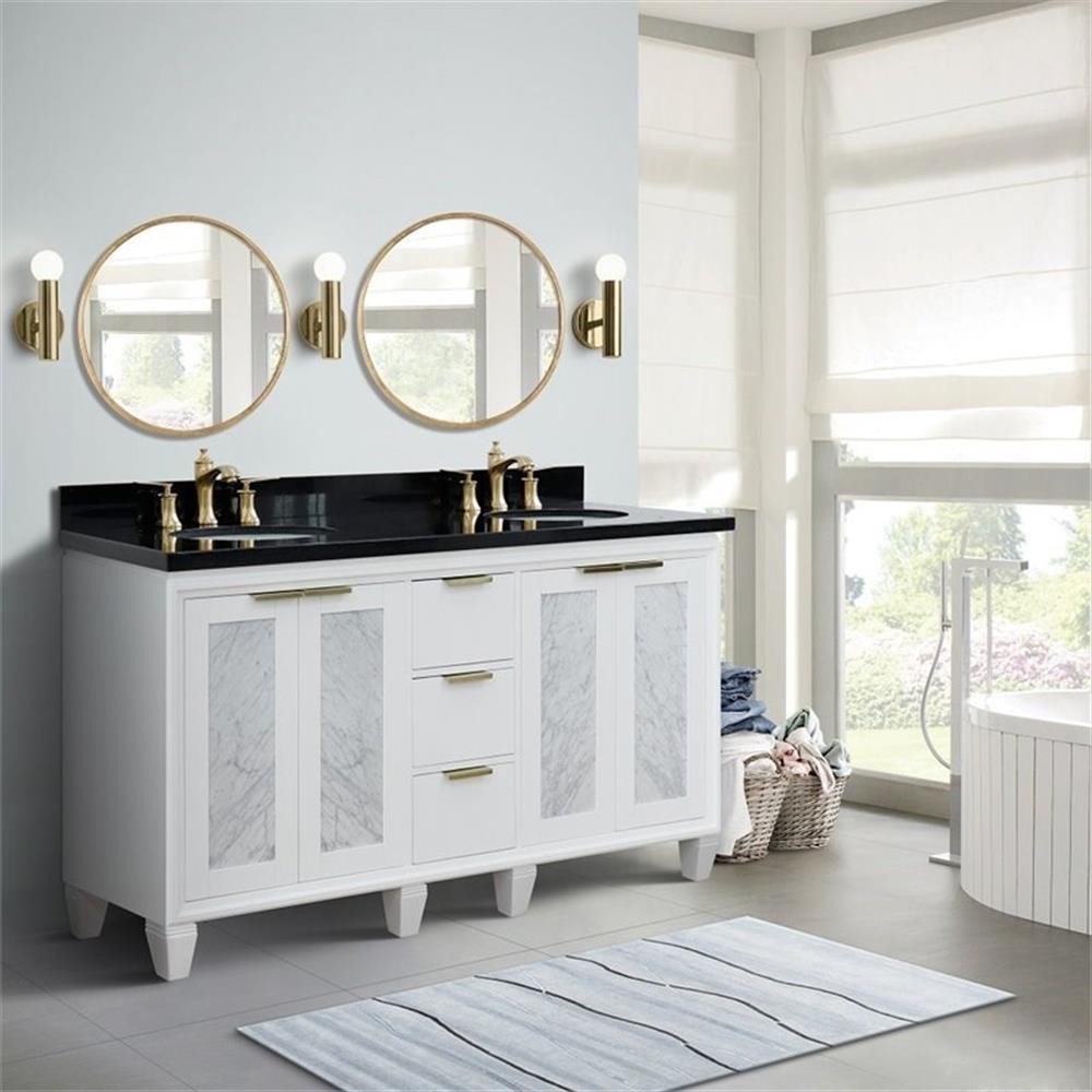 Pemberly Row 61″ Double Oval Sink Solid Wood Vanity in White/Black Galaxy