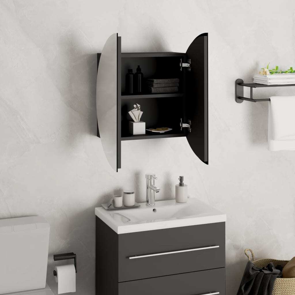 Bathroom Cabinet with Round Mirror&LED Black 15.7″x15.7″x6.9″