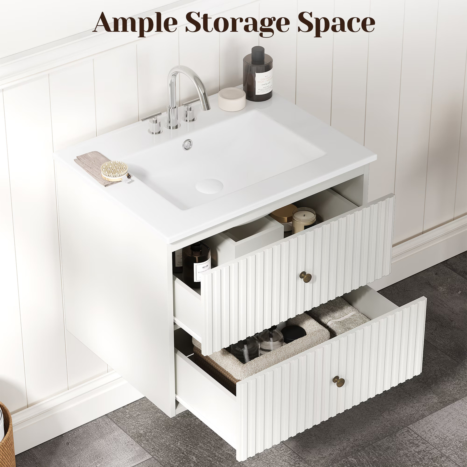 24″ Floating Bathroom Vanity with Sink, 2 Drawers, White
