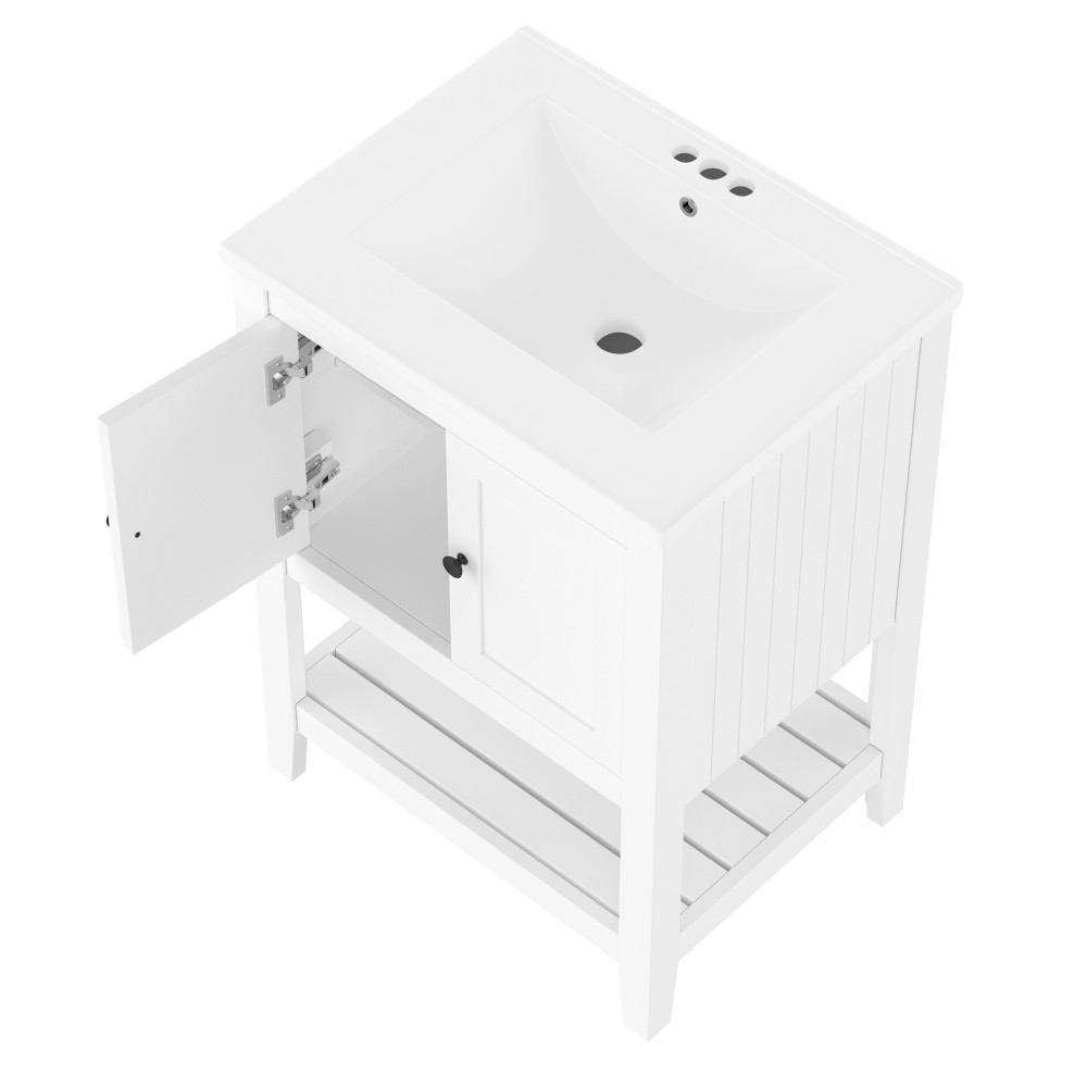24″ White Bathroom Vanity w/Ceramic Sink & Solid Wood Frame