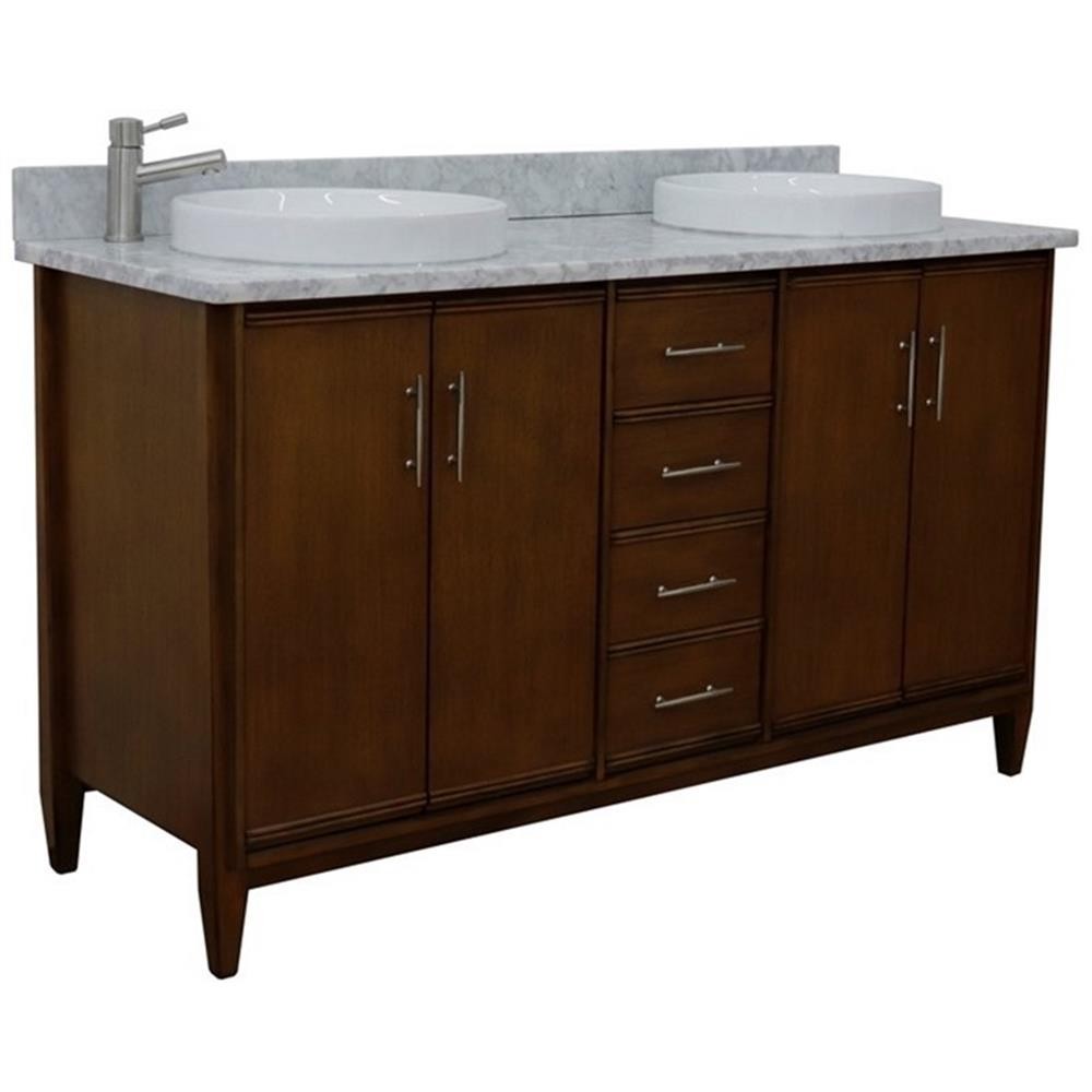 MCM 61″ Double Round Sink Vanity with White Marble Stone in Walnut