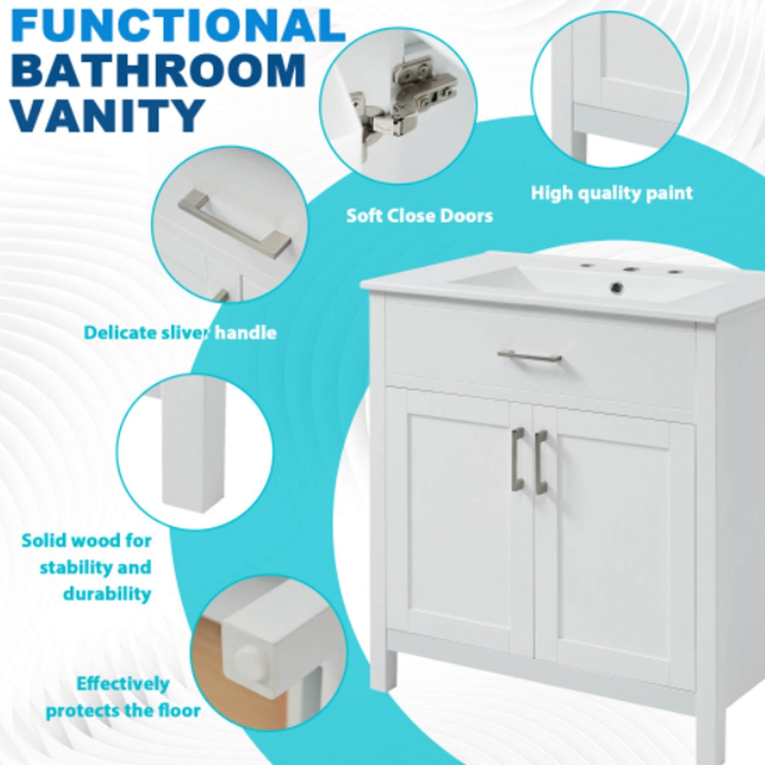 White Durable Build 30″Bathroom Vanity Cabinet Large Practical Vanity With Sink