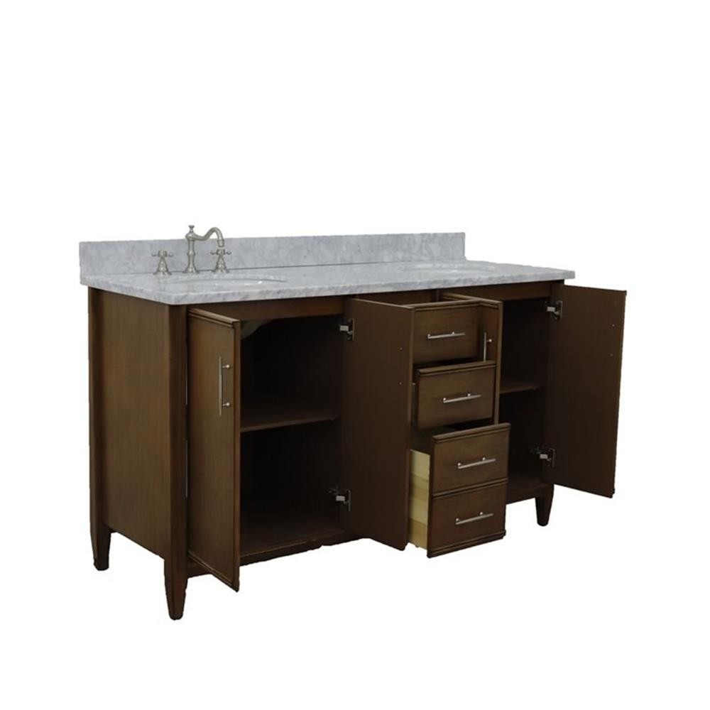 MCM 61″ Double Oval Sink Solid Wood Vanity in Walnut/White Carrara