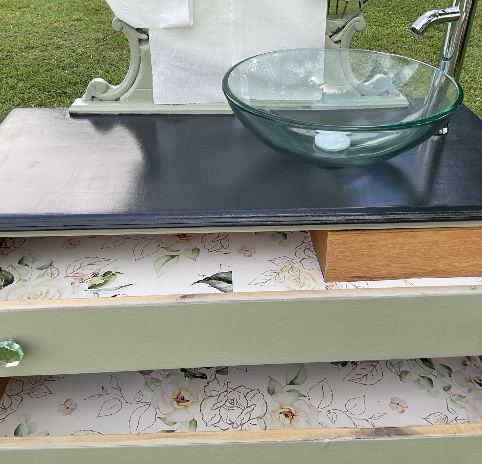 Green & Gray Dresser Repurposed Into Bathroom Vanity With Clear Glass Sink