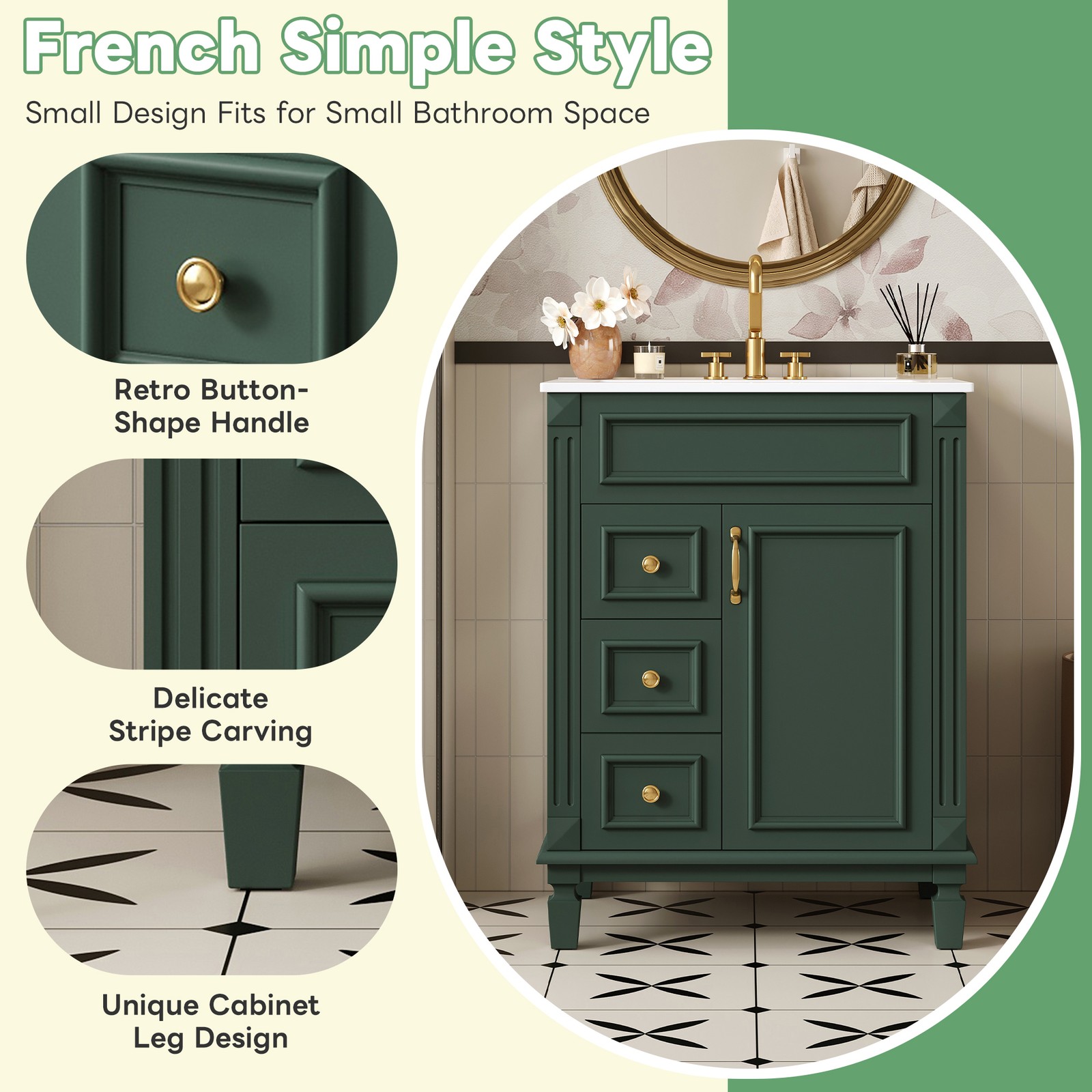 24″ Bathroom Vanity with Ceramic Sink, 2 Drawers, Adjustable Shelf