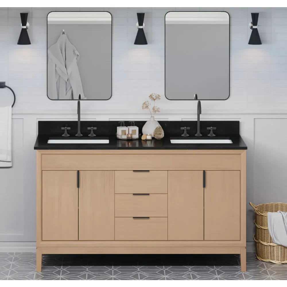 60″ Theodora Natural Oak Double Bowl Bathroom Vanity + Black Granite Countertop
