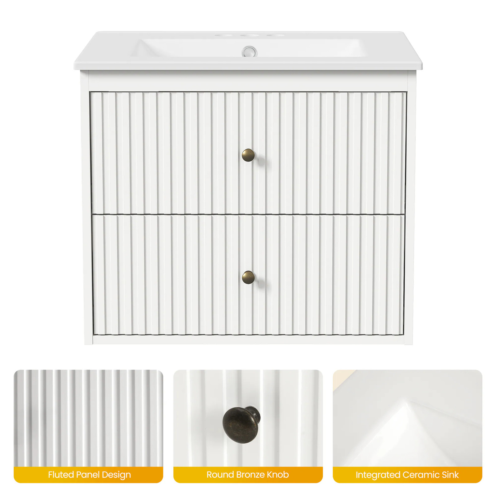 24″ Floating Bathroom Vanity with Sink, 2 Drawers, White